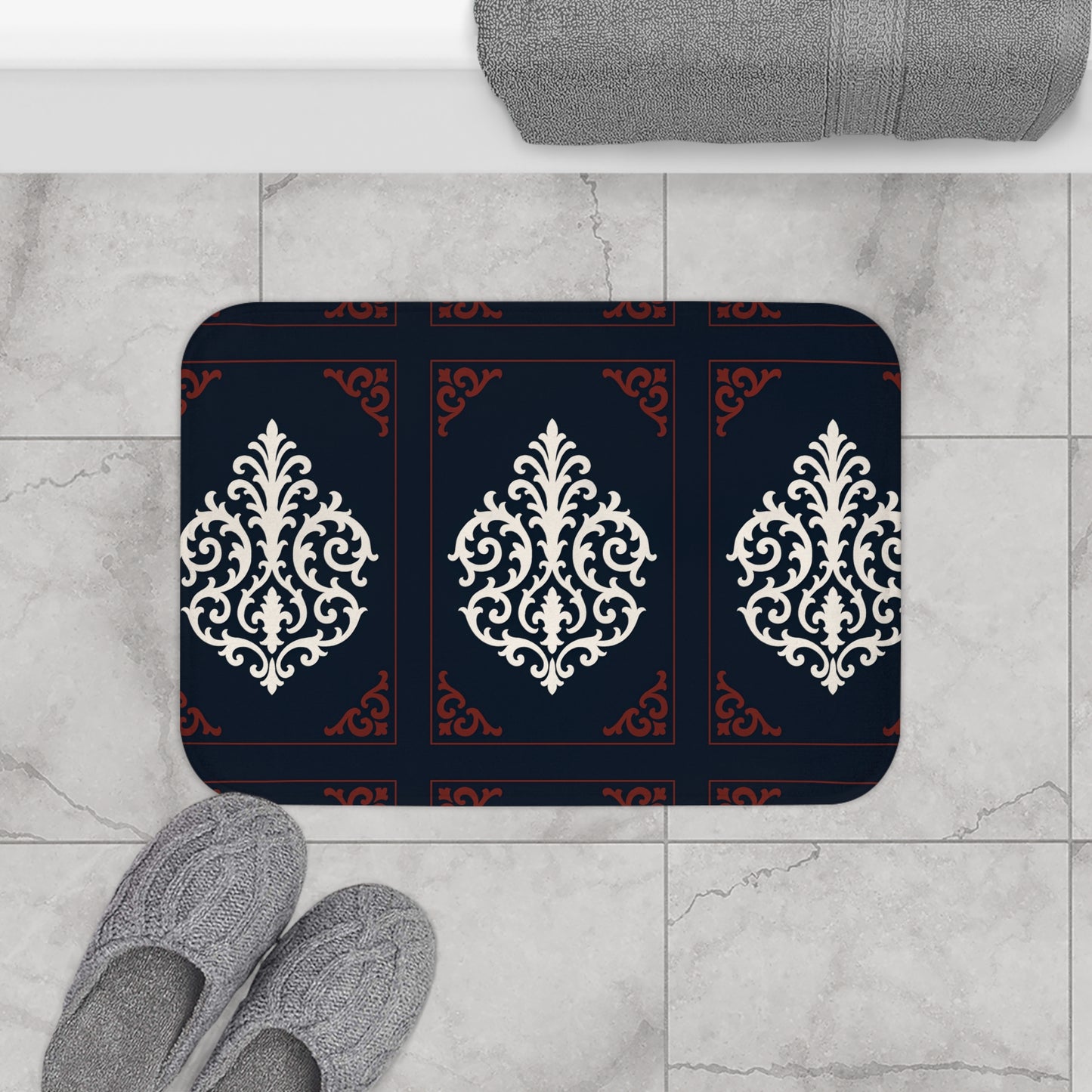 Dusk Blue-Maroon & White Baroque Bath Mat — Dusk Blue & White Ornamental Bathroom Rug