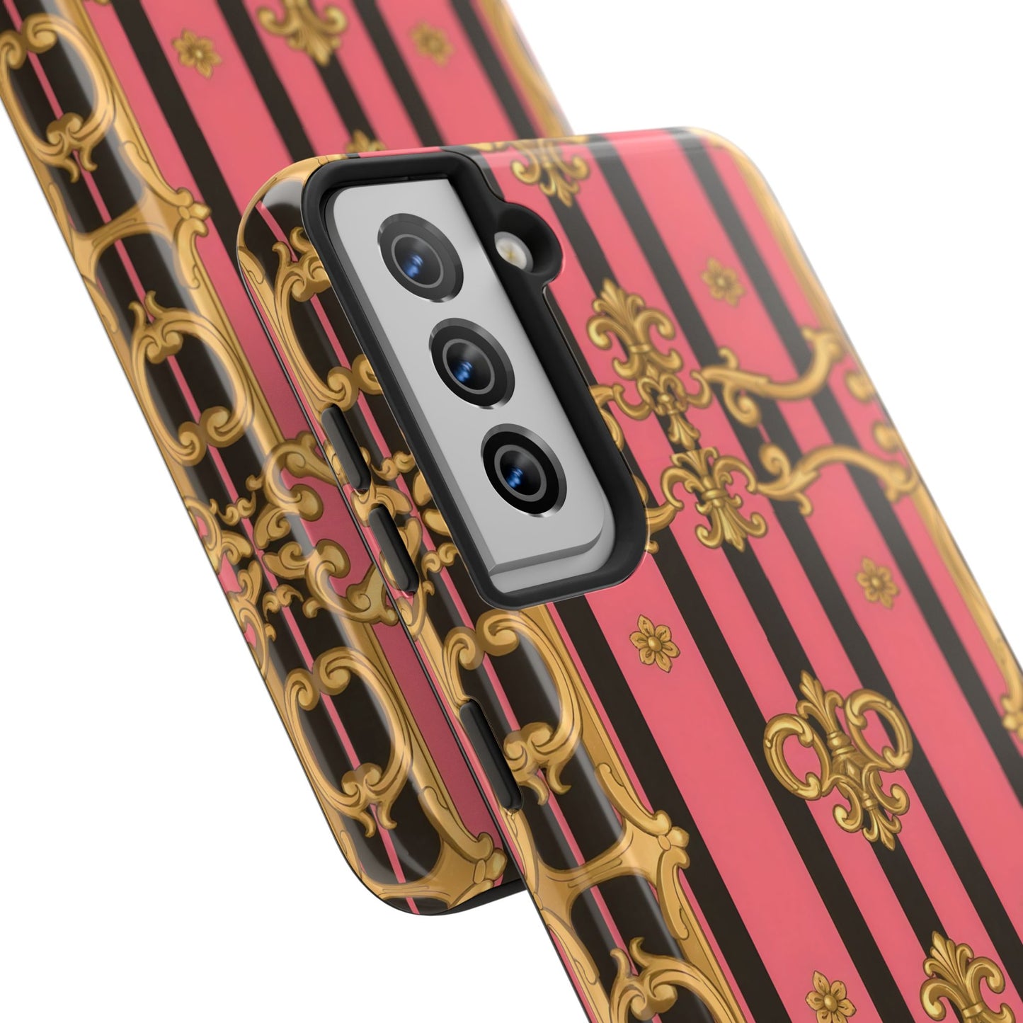 Elegant Baroque Tough Phone Cases, Stylish Protection, Gift for Her, Trendy Accessory - Pink & Black Striped Gold Baroque
