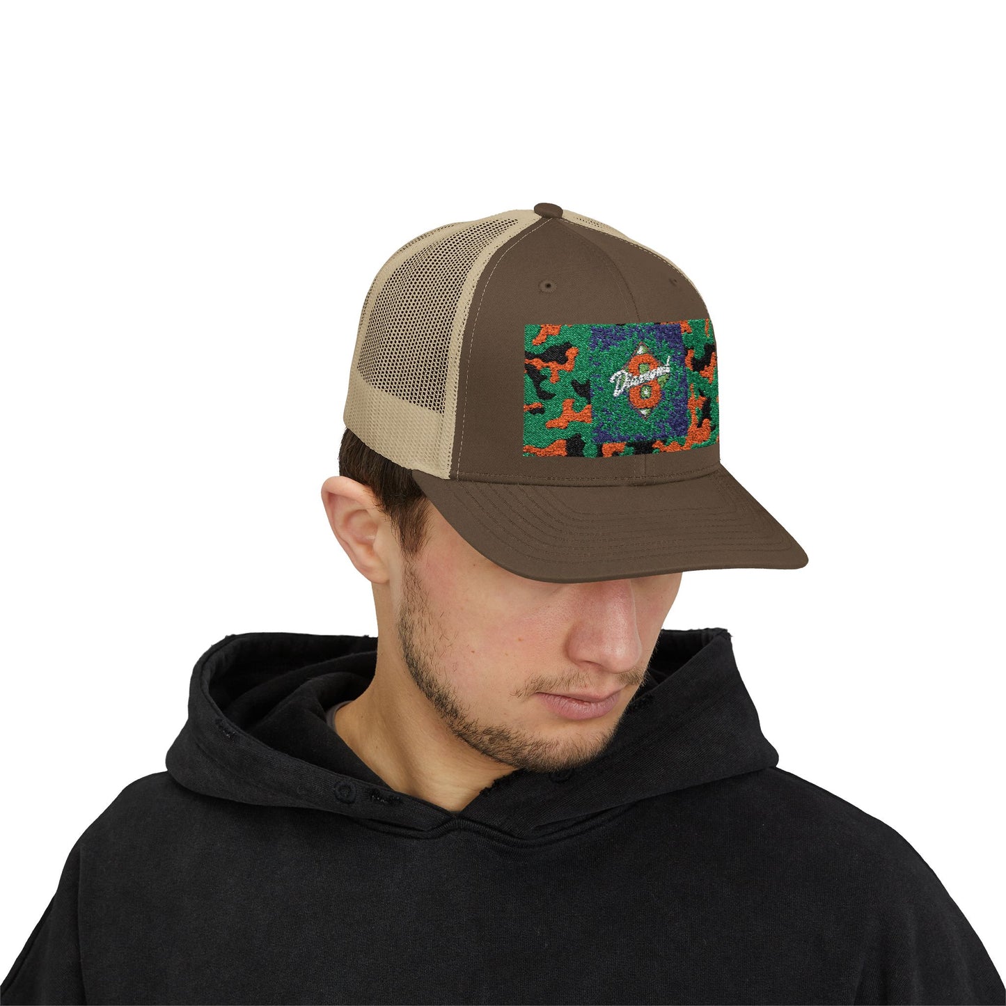 Colorful Camouflage Snapback Trucker Cap, Casual Hat, Outdoor Gear, Unisex Headwear, Gift for Him/Her - Green & Orange Camo Diamond 8