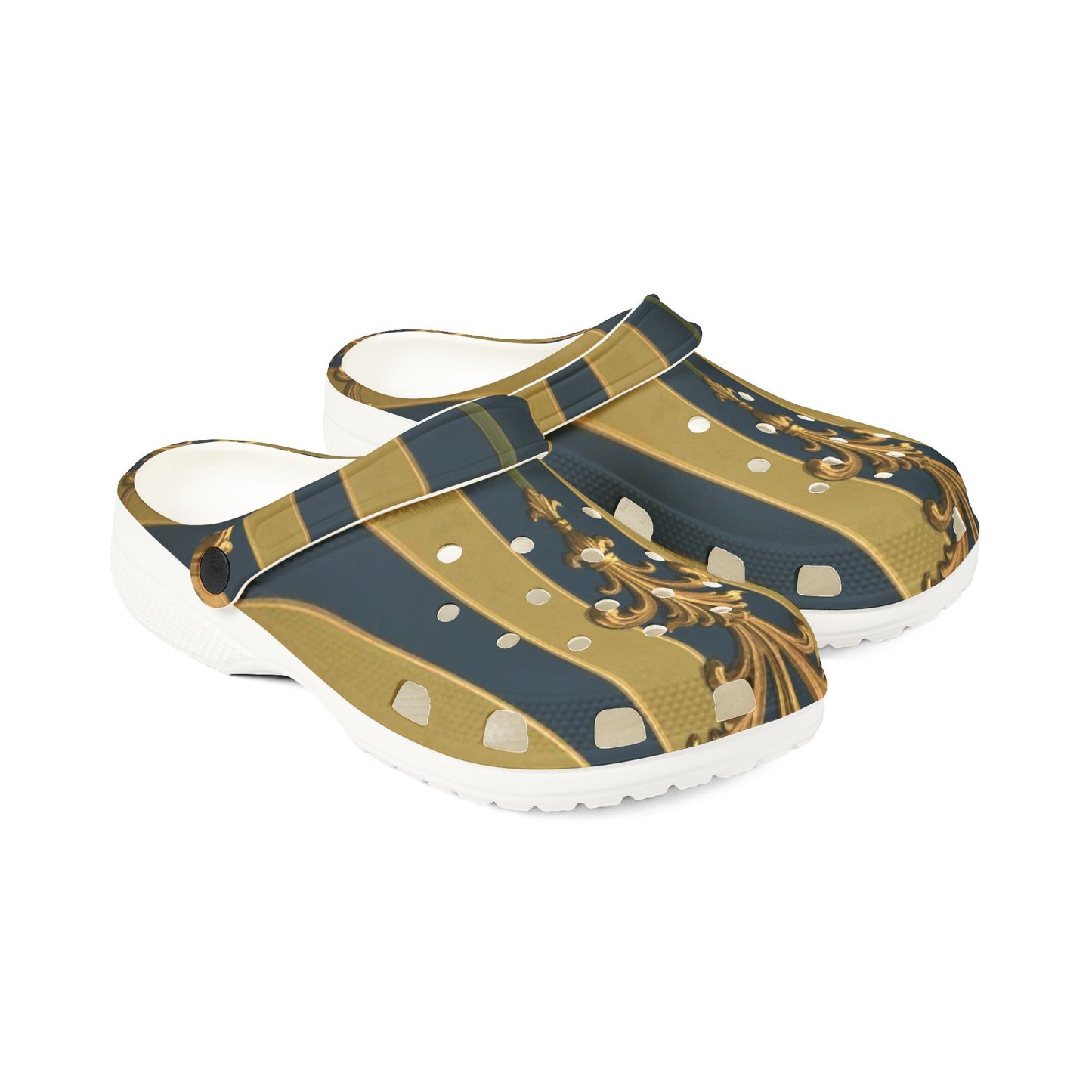 Stylish Midnight Blue & Olive Striped Gold Baroque EVA Foam Clogs - Trendy Slip-On Shoes for Comfort and Fashion, Casual Footwear, Unique Gift