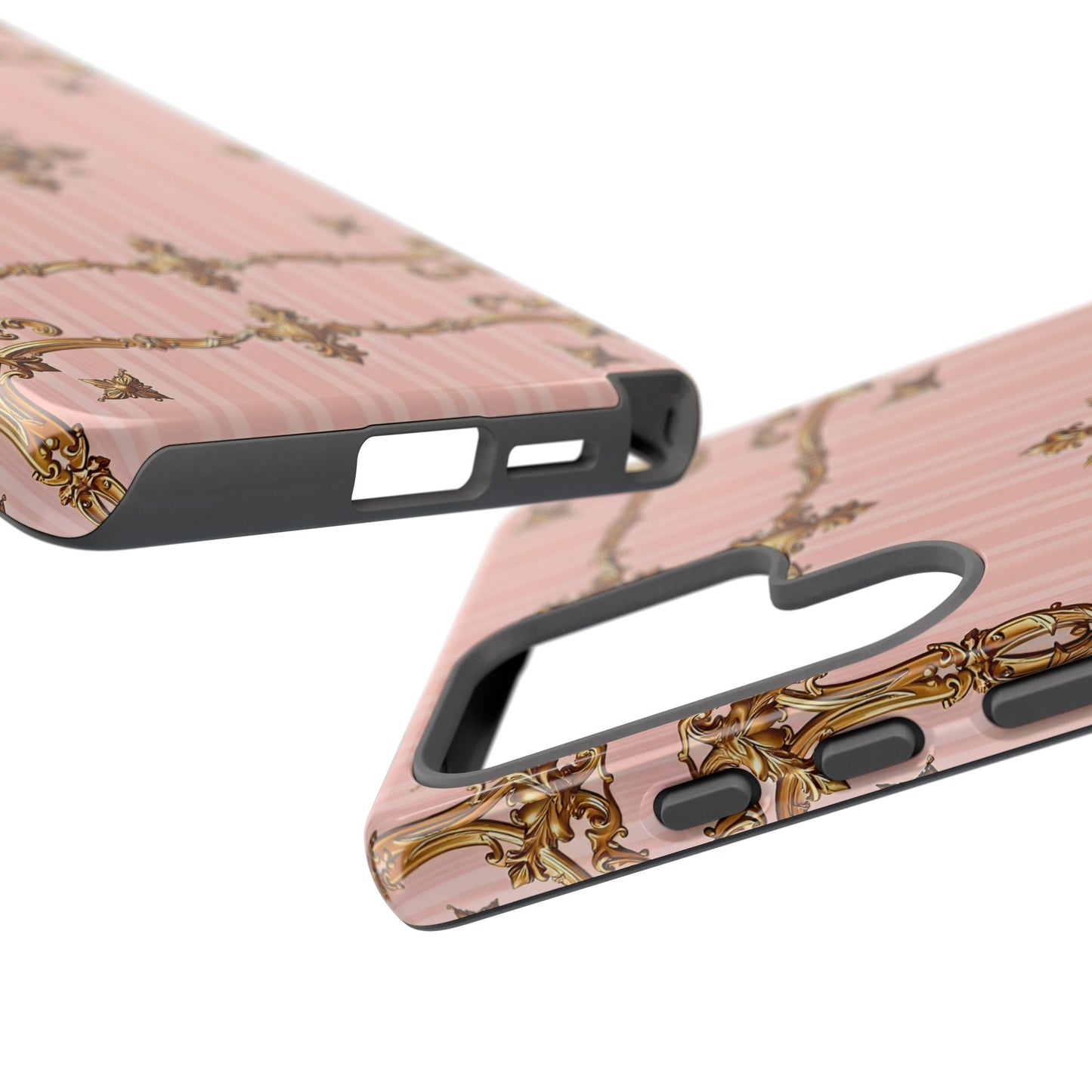 Elegant Floral Phone Case, Tough Cases for Women, Trendy Phone Cover, Chic Gift - Pink Striped Gold Baroque