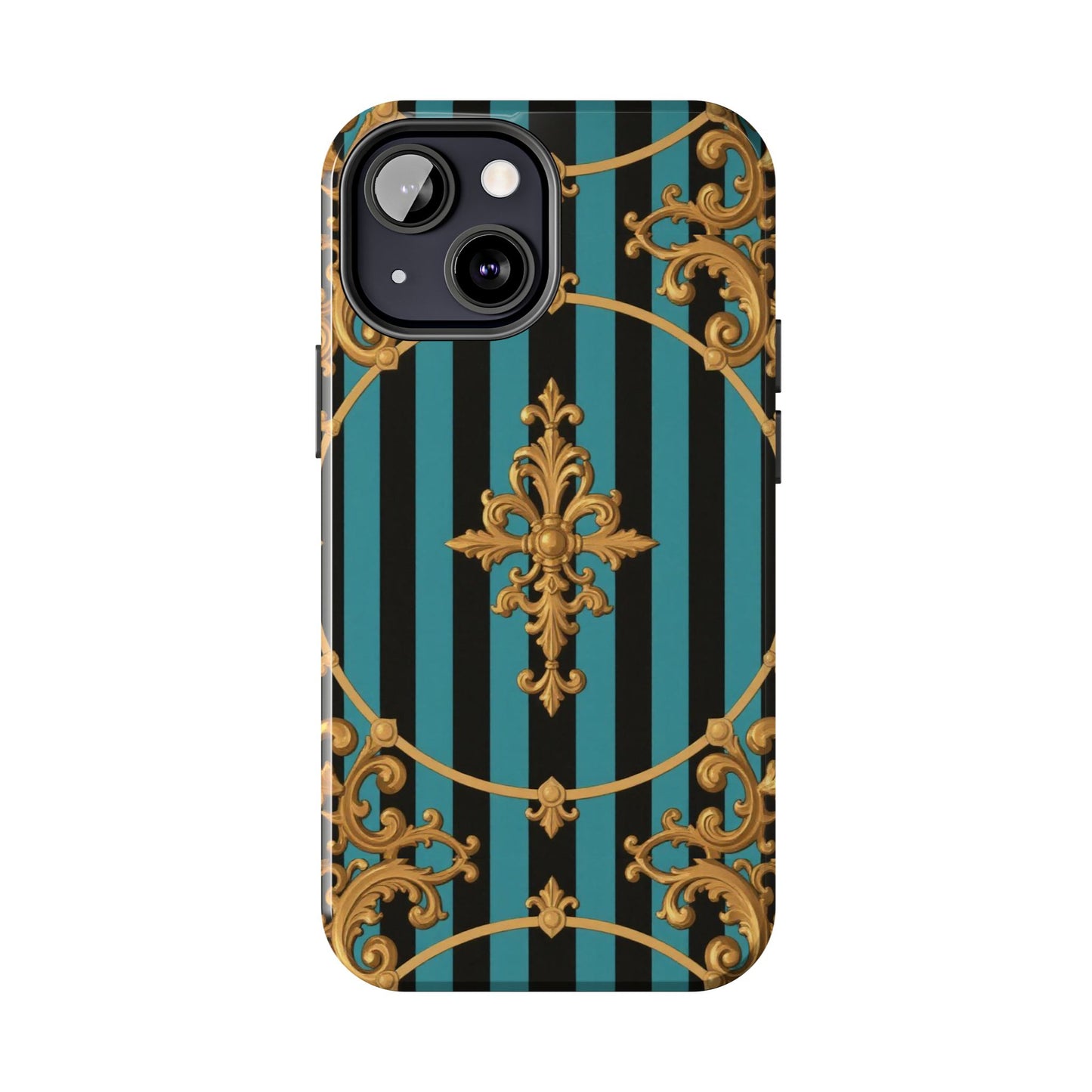 Elegant Turquoise & Black Striped Gold Baroque Phone Case, Tough Phone Cases for Fashion Lovers, Gift for Her, Luxury Accessories