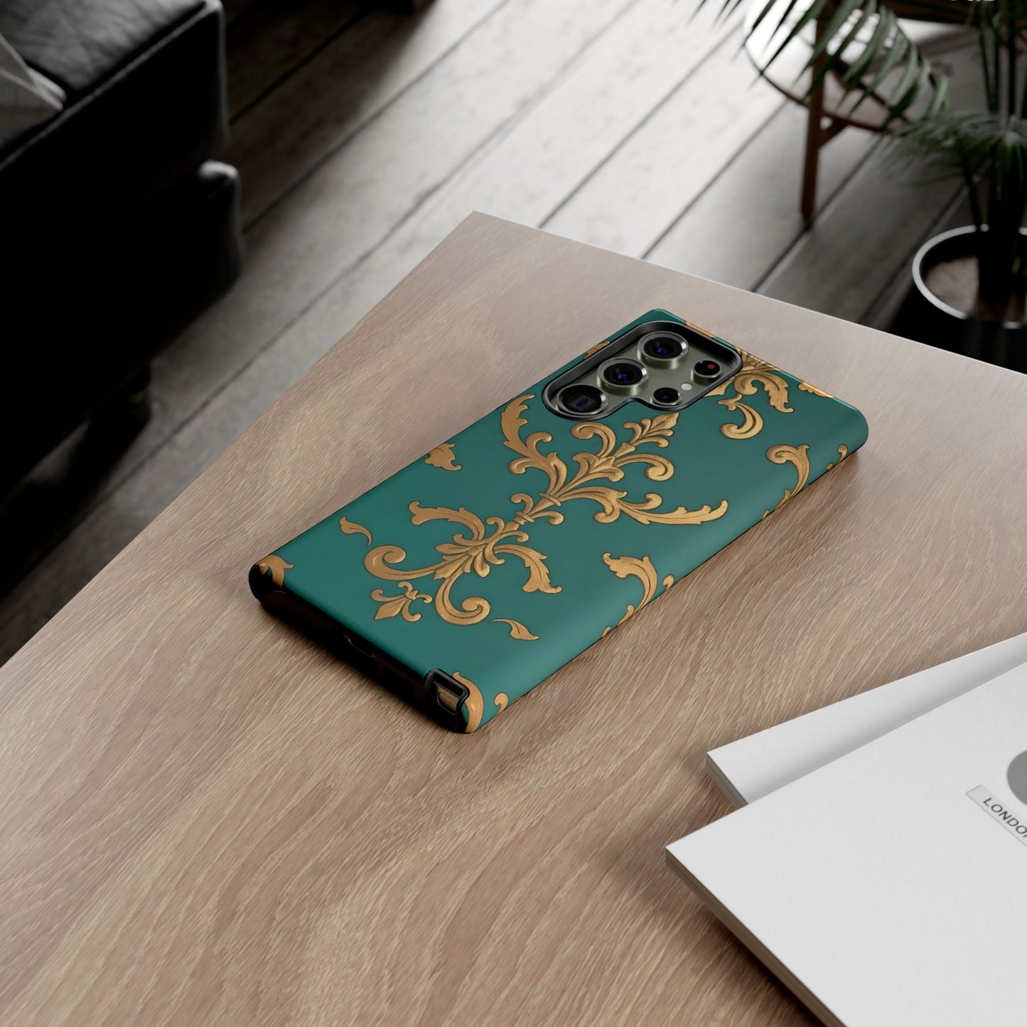 Elegant Floral Motif Phone Case - Tough Cases with Vintage Design - Aqua & Gold Damask