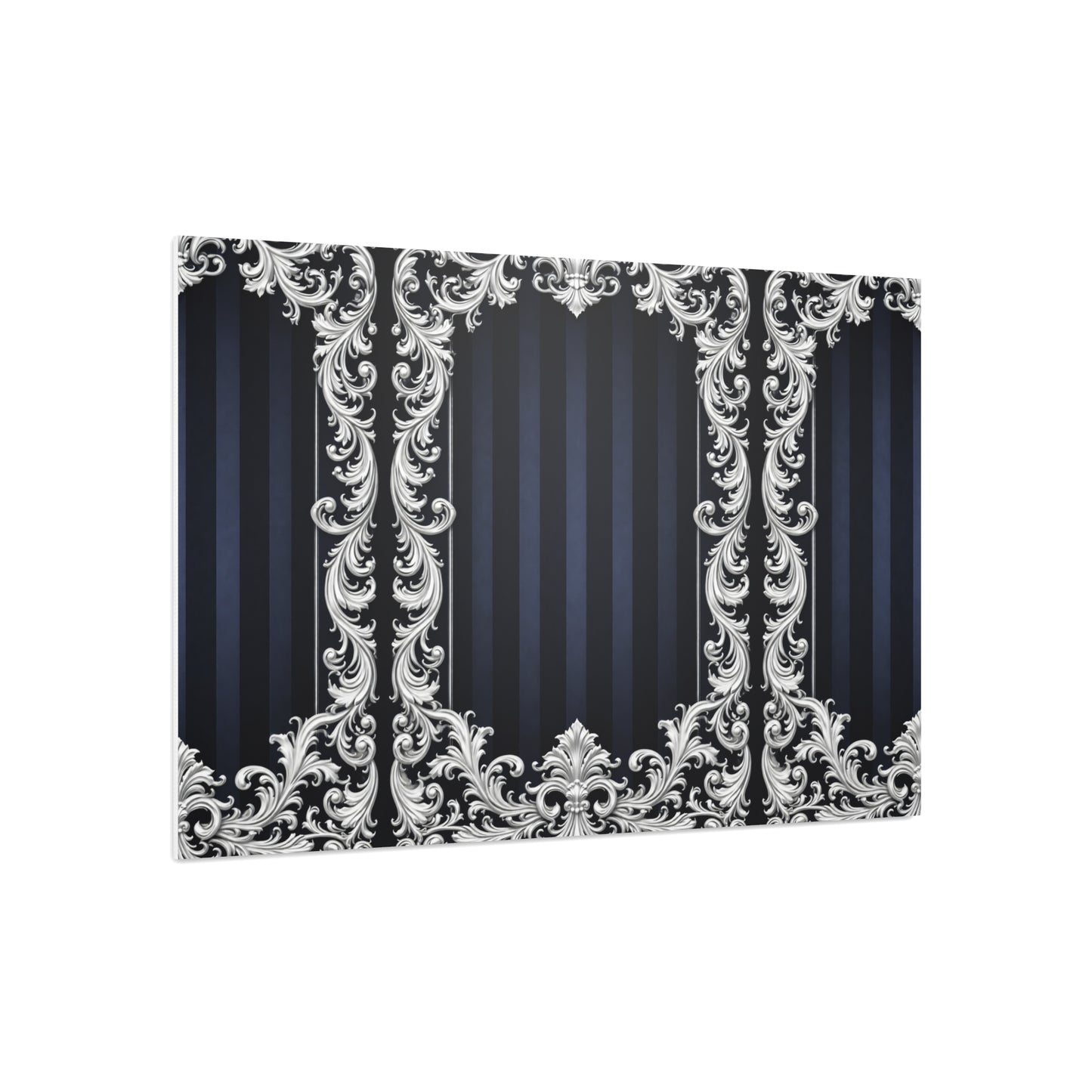 Navy Stripes & Baroque Foam Board Backdrop — Ornate Silver Scroll Panel
