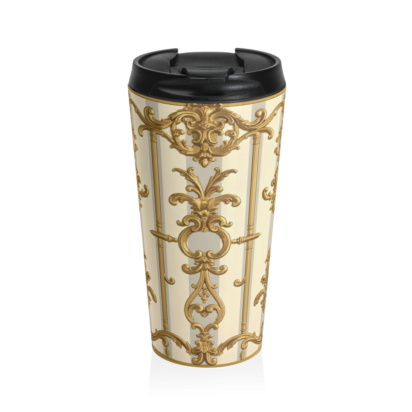 Elegant Ornate Stainless Steel Travel Mug, Stylish Coffee Mug, Travel Cup Gift, Vintage Inspired Drinkware - Matte Gray & Cream Striped Gold Baroque