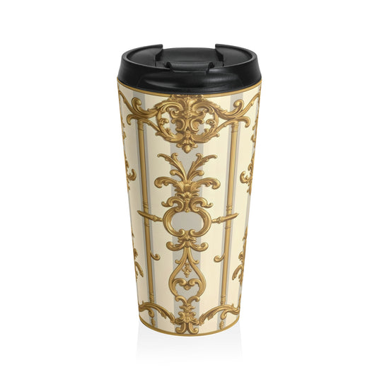 Elegant Ornate Stainless Steel Travel Mug, Stylish Coffee Mug, Travel Cup Gift, Vintage Inspired Drinkware - Matte Gray & Cream Striped Gold Baroque
