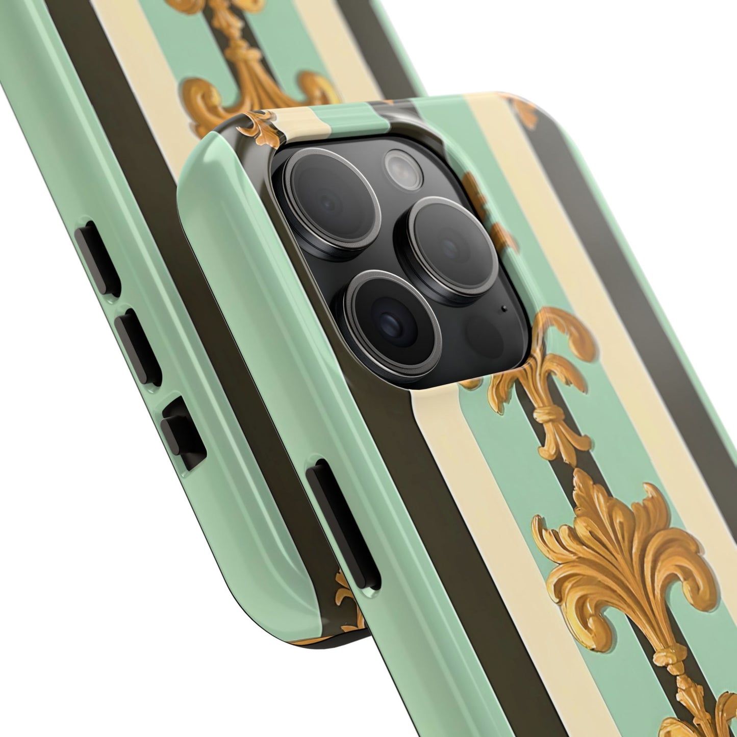Elegant Floral Tough Phone Cases - Stylish Protection for All Occasions, Gifts for Her, Phone Covers - Black & Matte Mint Striped Rococo