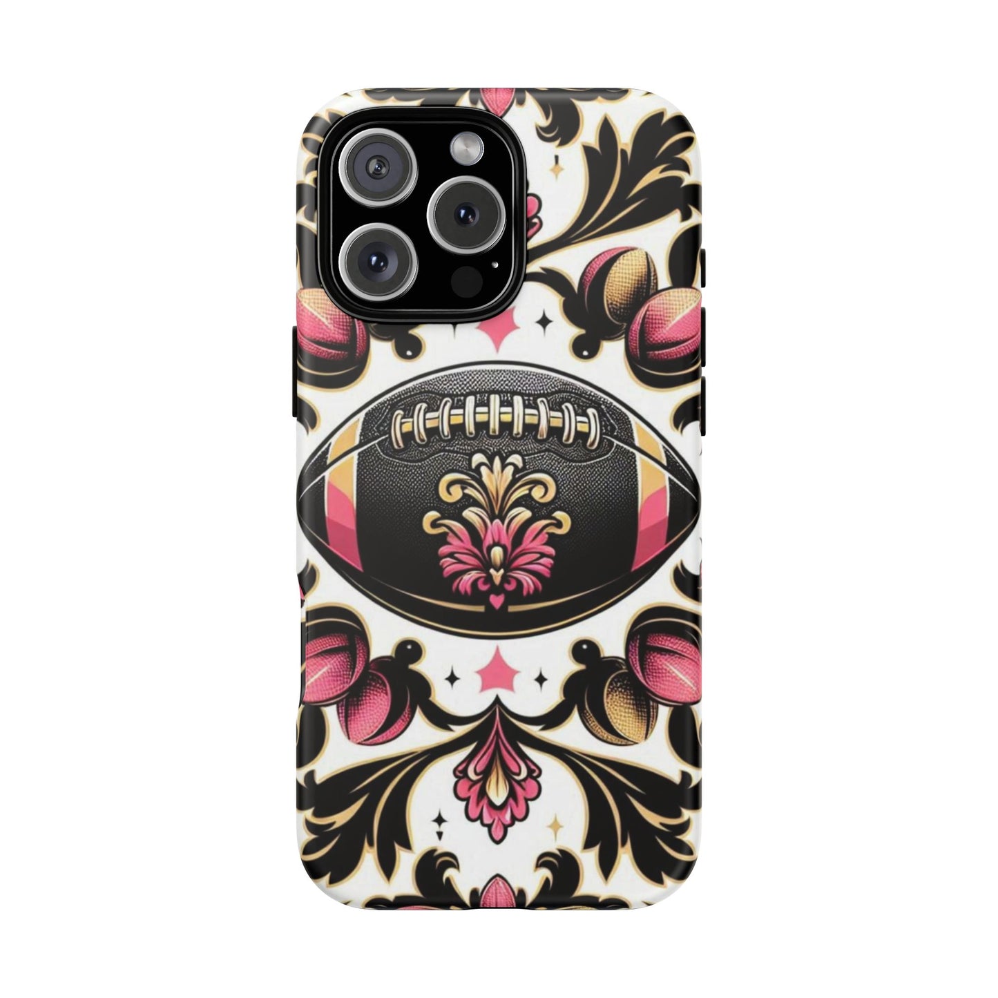 Elegant Floral Motif Phone Case - Tough Cases with Vintage Design - Damask White, Pink Gold & Black Football