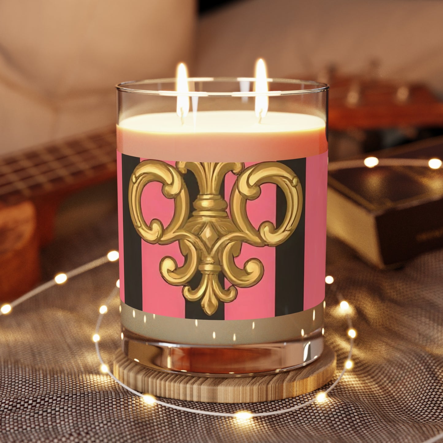 Elegant Pink Two-Wick Scented Candle, Home Decor Gift, Relaxation Candle - Pink & Black Striped Gold Baroque