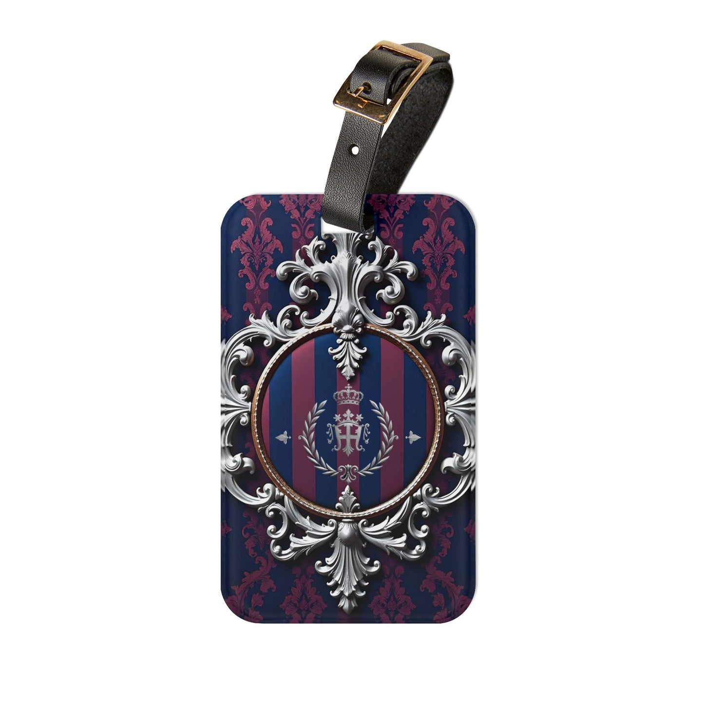 Elegant Vintage-Inspired Luggage Tag, Travel Accessory, Personalized Baggage Identifier, Unique Gift for Travelers - Blue & Plum Striped Silver Crest
