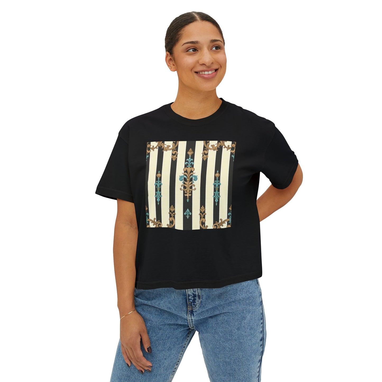 Women's Boxy Tee with Vintage Floral Design, Casual Tee, Summer Top, Gift for Her, Trendy T-Shirt - Black Striped Turquoise & Black Rococo