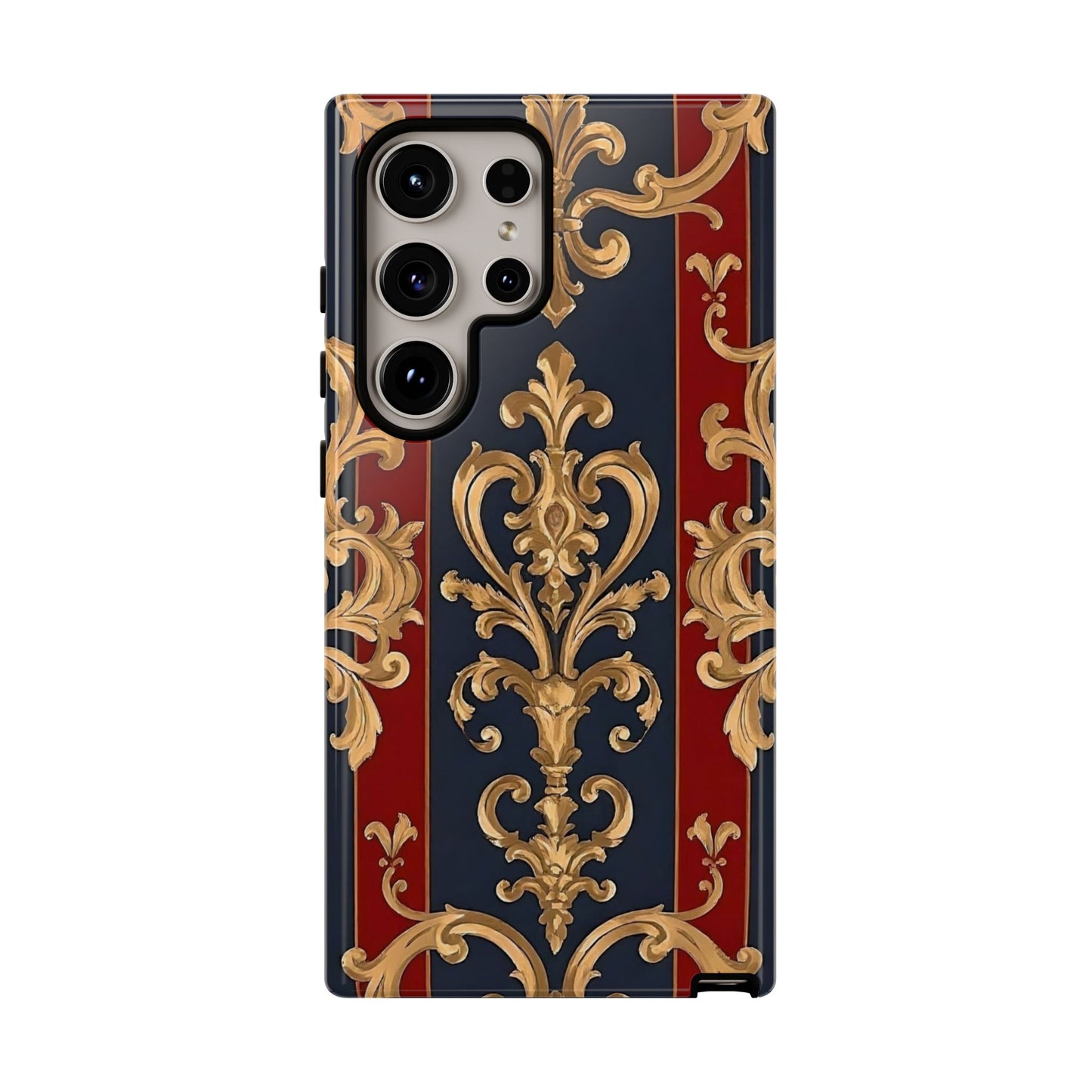 Elegant Floral Motif Phone Case - Tough Cases with Vintage Design - Midnight Blue & Dusk Red Striped Gold Damask