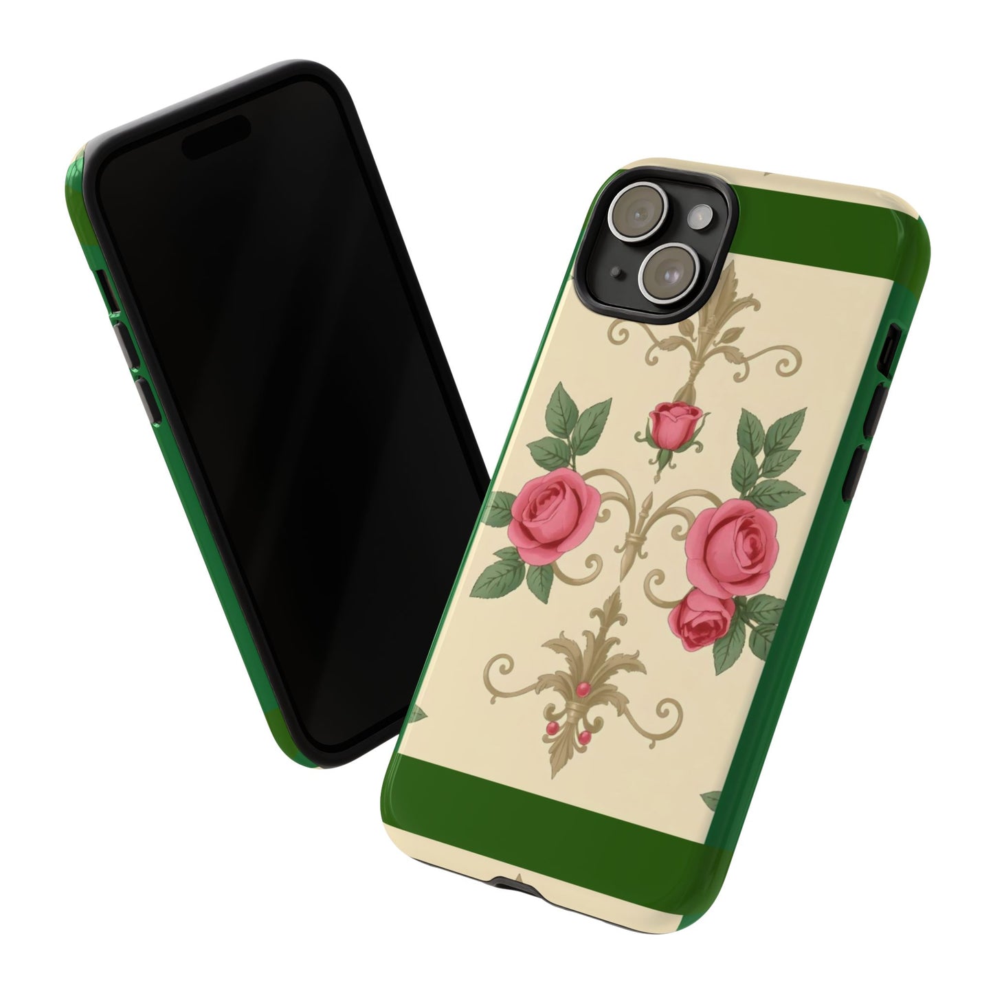 Elegant Floral Motif Phone Case - Tough Cases with Vintage Design - Green Border Roses & Damask