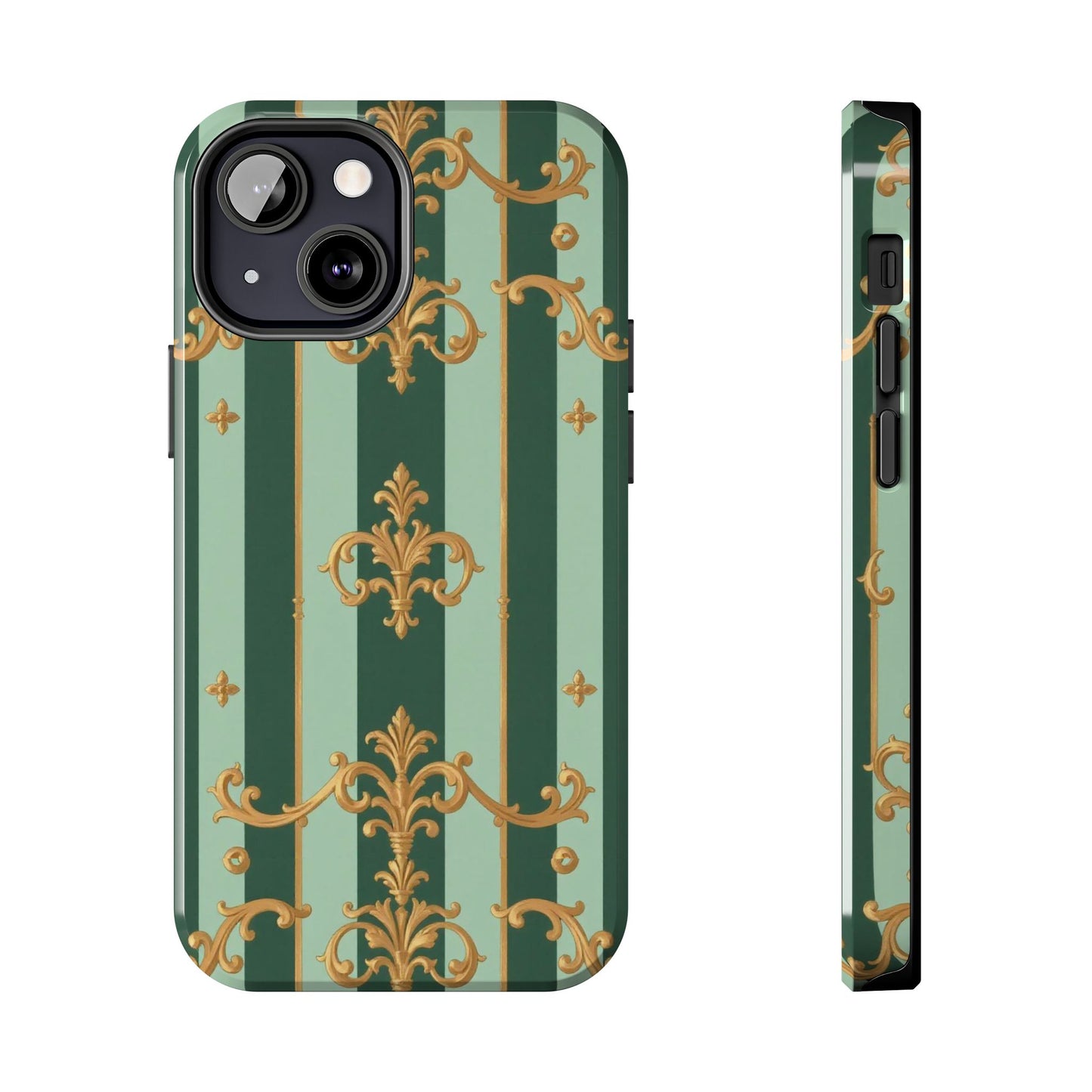 Elegant Floral Tough Phone Cases | Stylish Phone Protection, Gift for Her, Trendy Accessory, Unique Decor - Mint Green & Teal Striped Gold Baroque