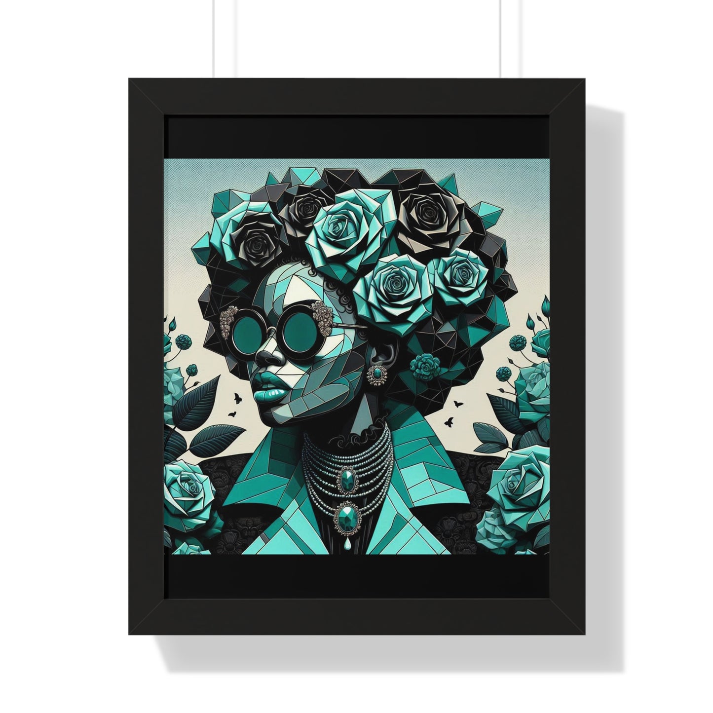 Framed Art Poster, Bohemian Home Decor, Wall Art for Living Room, Gift for Art Lovers, Unique Framed Wall Decor - Turquoise & Black Roses Lady