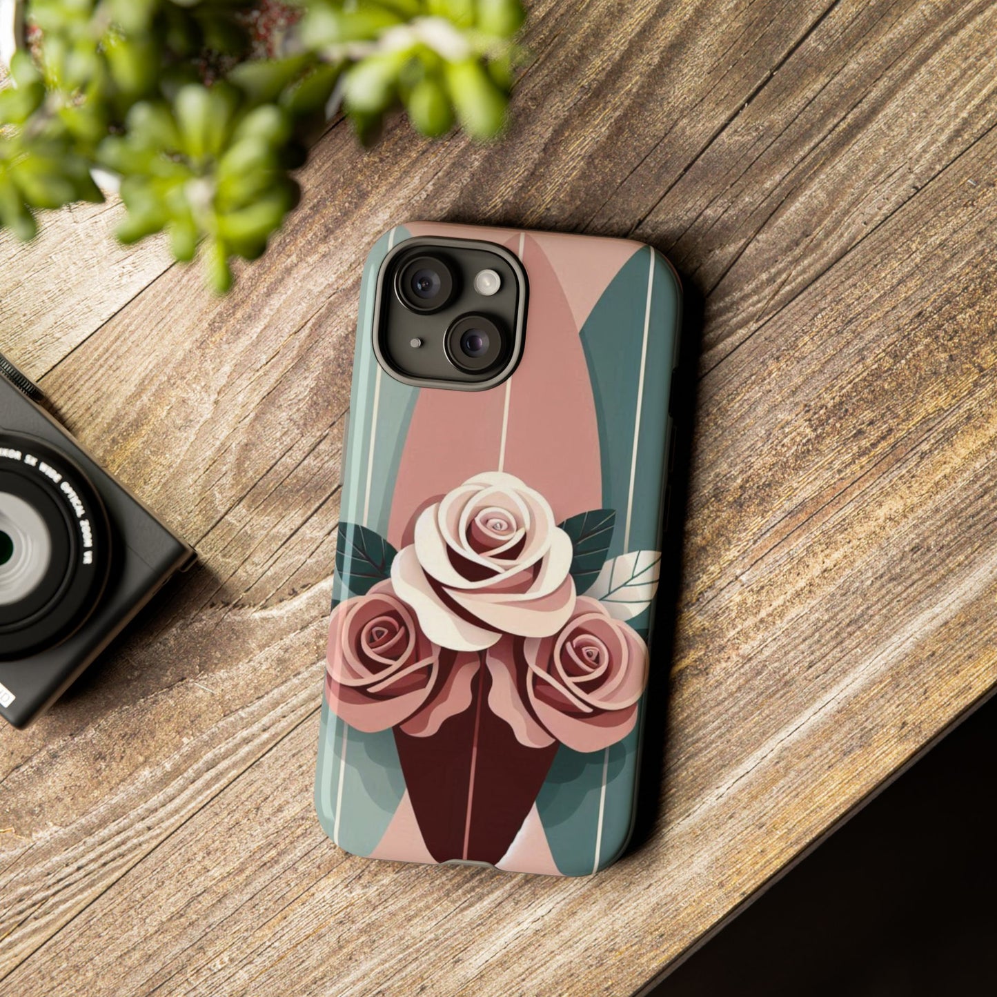 Phone Case - Burgundy, Matte Mauve & Teal Surfboard & Roses Design