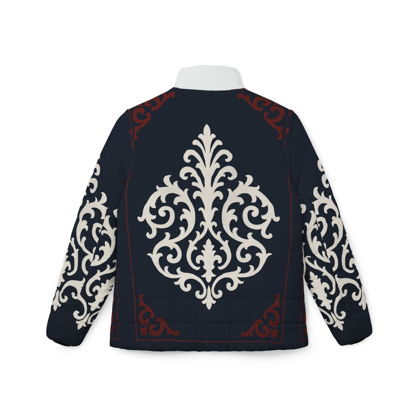 Dusk Blue & Maroon-White Baroque Women’s Puffer Jacket — Elegant Baroque Winter Coat