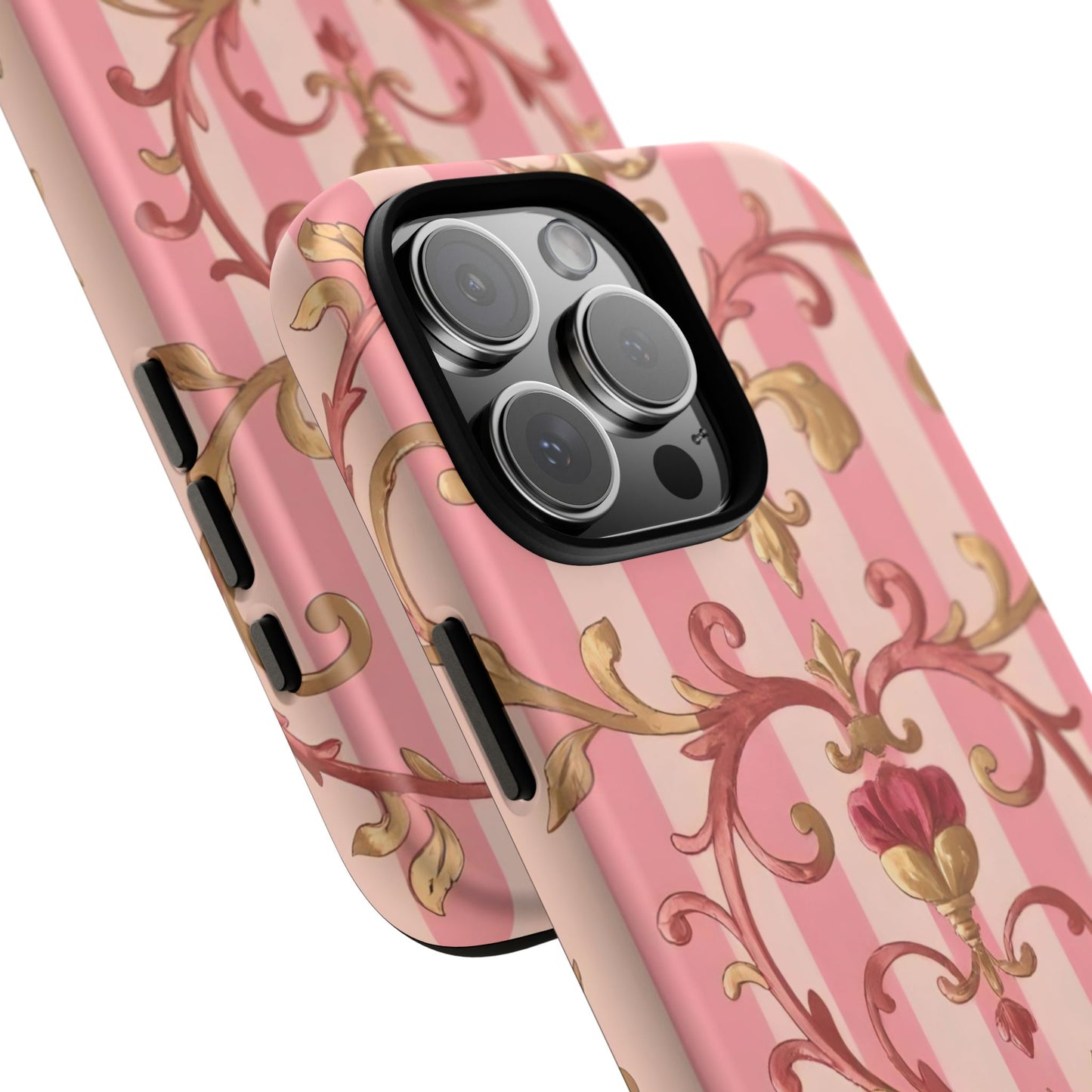 Elegant Floral Motif Phone Case - Tough Cases with Vintage Design - Pink Striped Rose Gold Damask