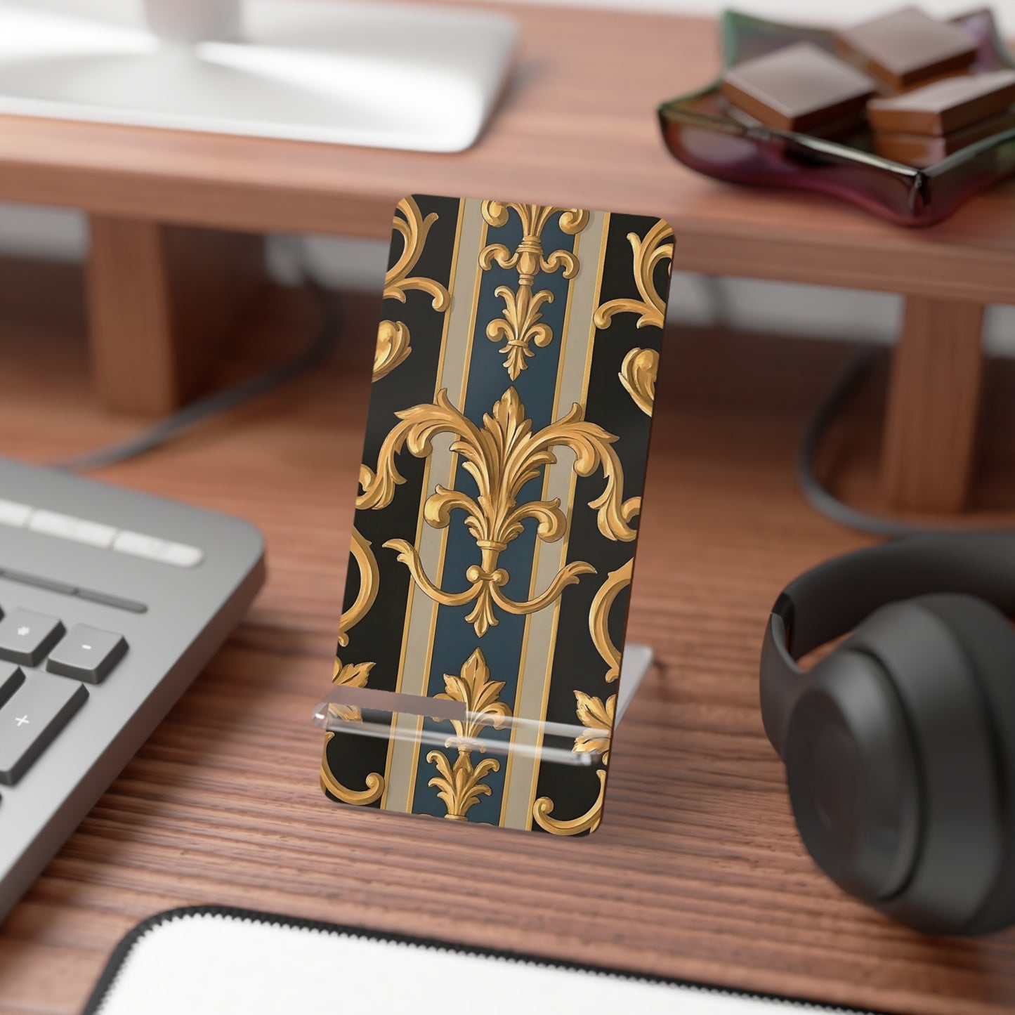 Elegant Smartphone Stand, Decorative Phone Holder, Luxurious Mobile Display, Stylish Desk Accessory - Blue & Black Striped Rococo