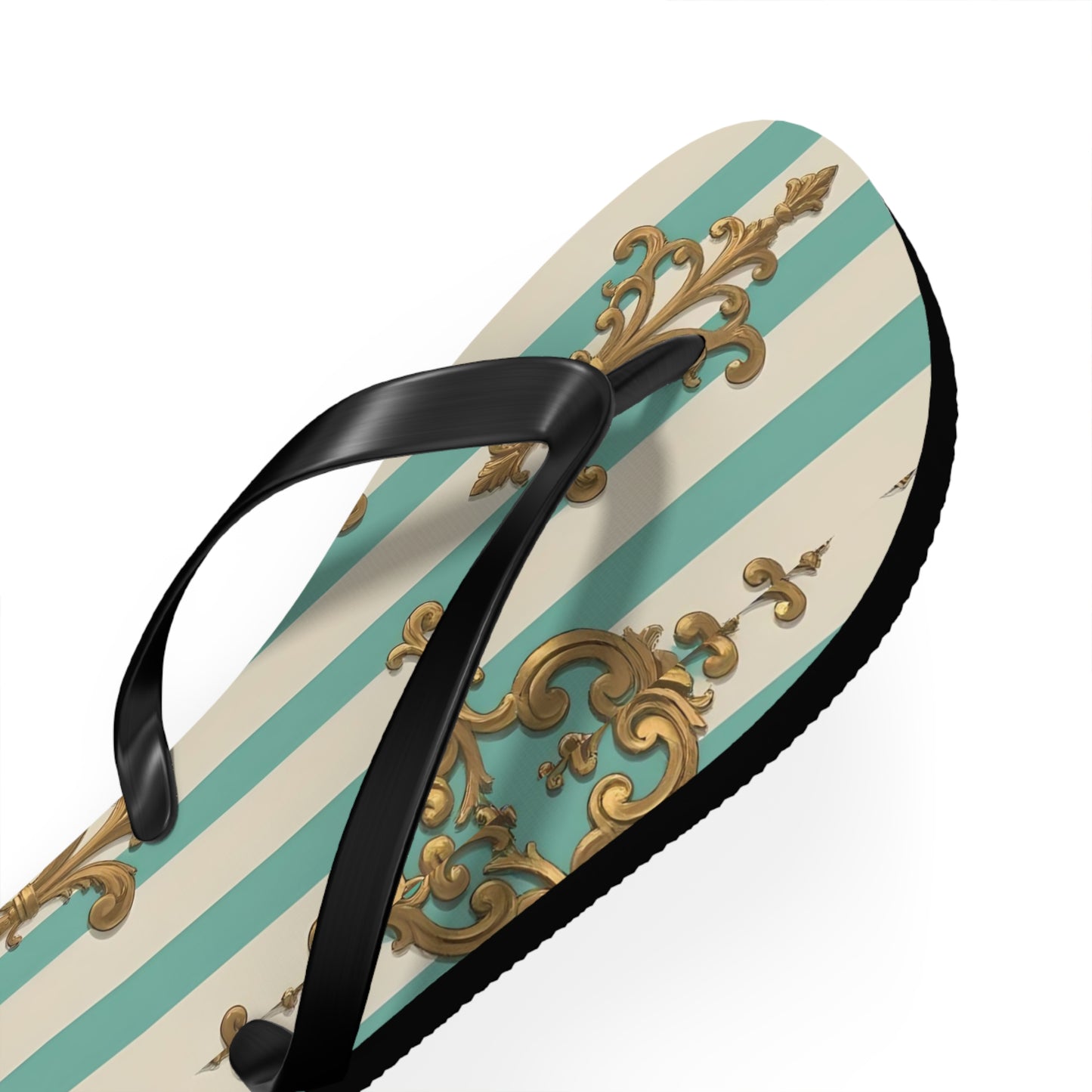 Chic Floral Flip Flops - Summer Sandals, Beach Footwear, Vacation Ready, Boho Style, Gift for Her - Matte Green Striped Rococo