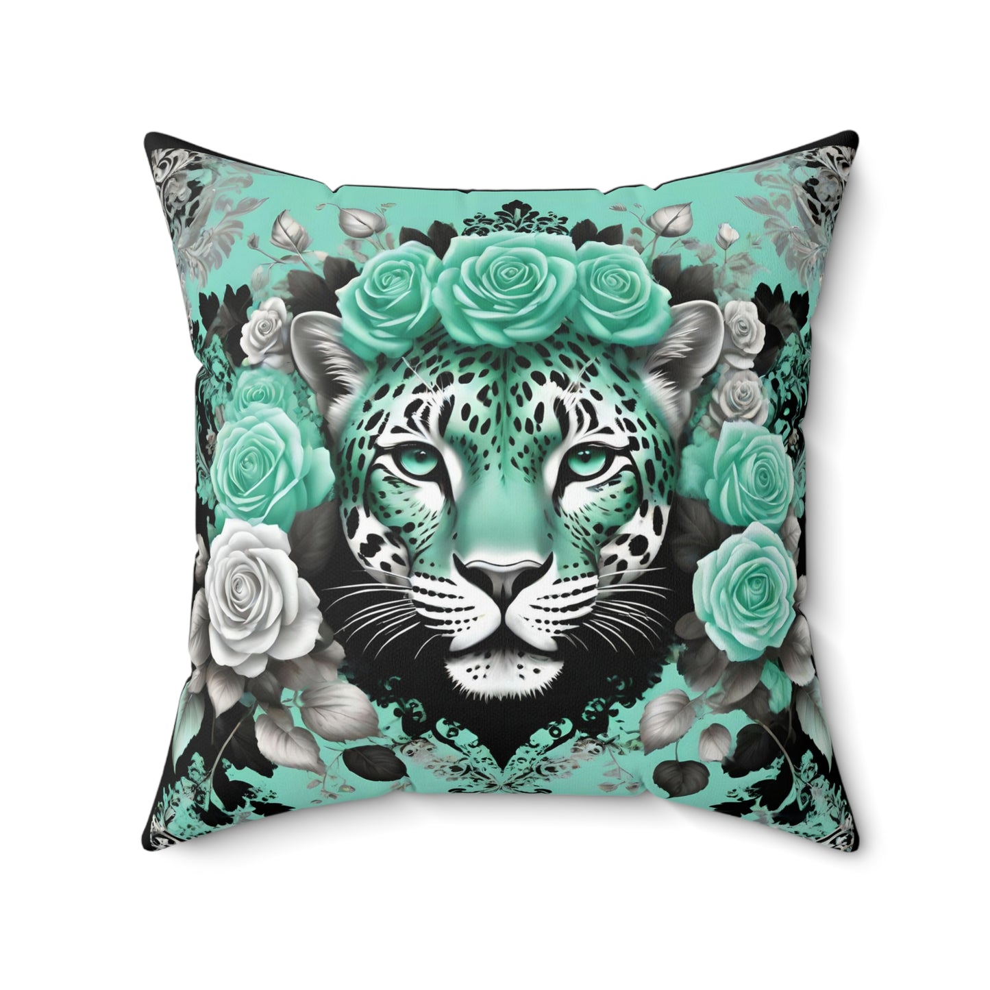 Floral Leopard Print Square Pillow – Chic Home Decor Accent - Mint Green Leopard