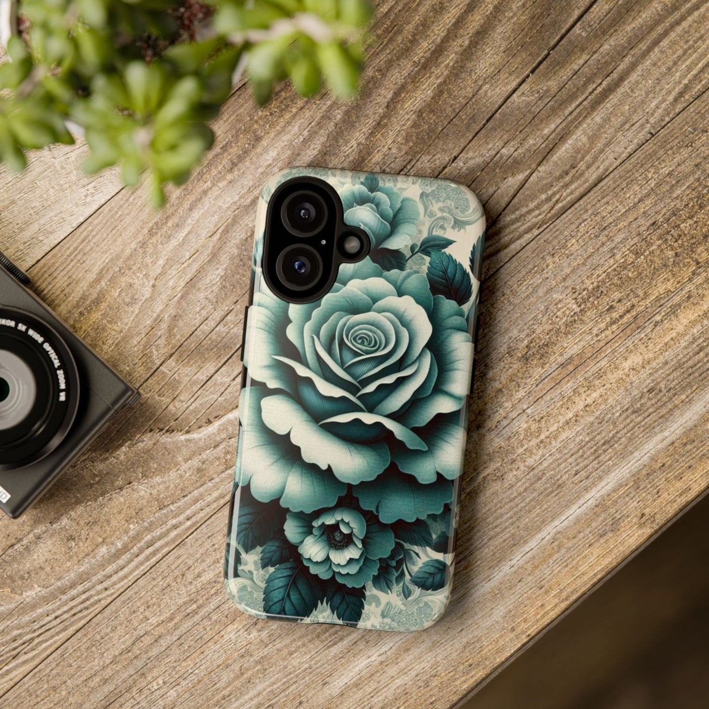 Elegant Floral Motif Phone Case - Tough Cases with Vintage Design - Teal Roses & Damask