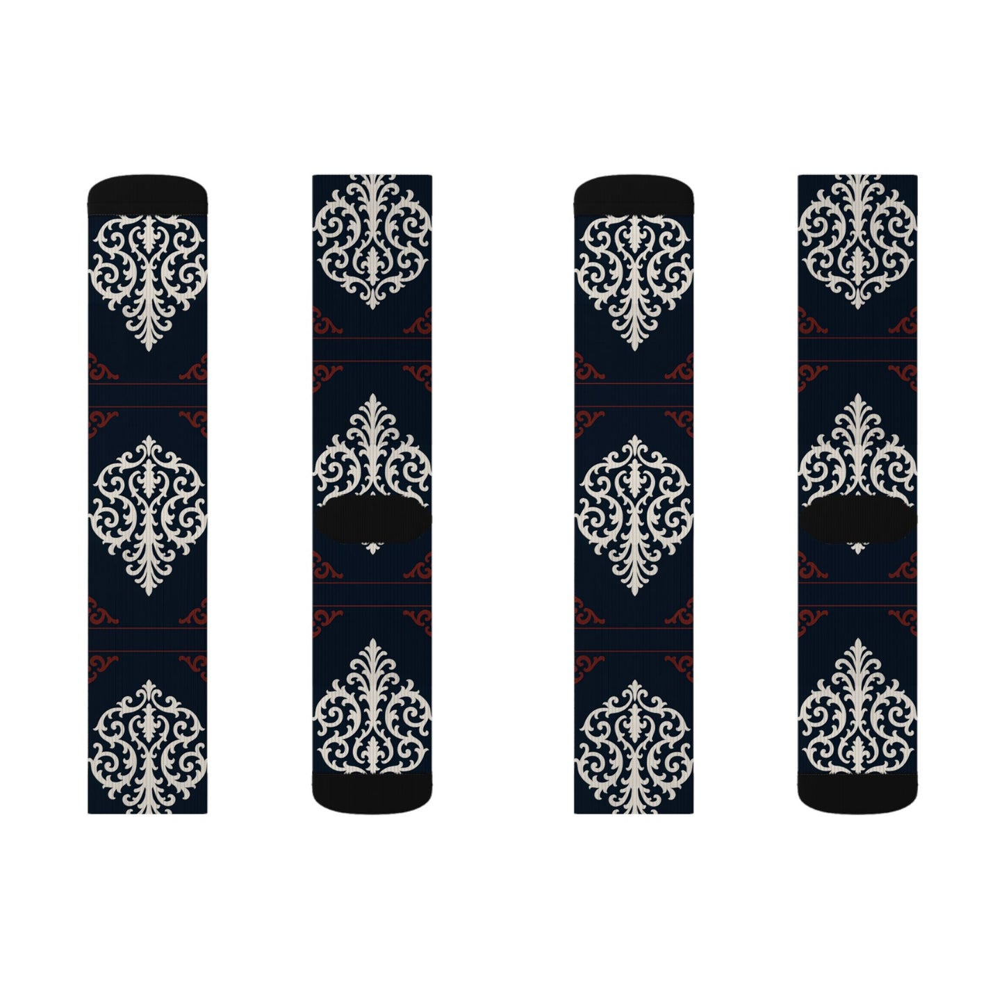 Dusk Blue-Maroon & White Baroque Pattern Sublimation Socks — Dusk Blue & White Ornate Crew Socks