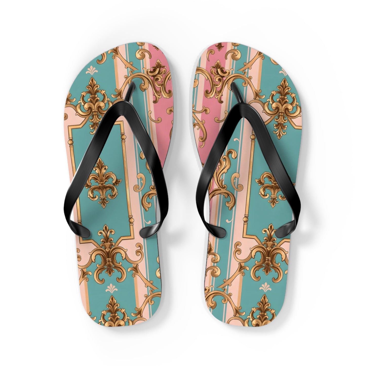 Stylish Flip Flops: Vintage Elegance for Summer Fun, Beachwear, Poolside, Vacation Essentials, Gift for Her - Pink & Matte Turquoise Striped Rococo