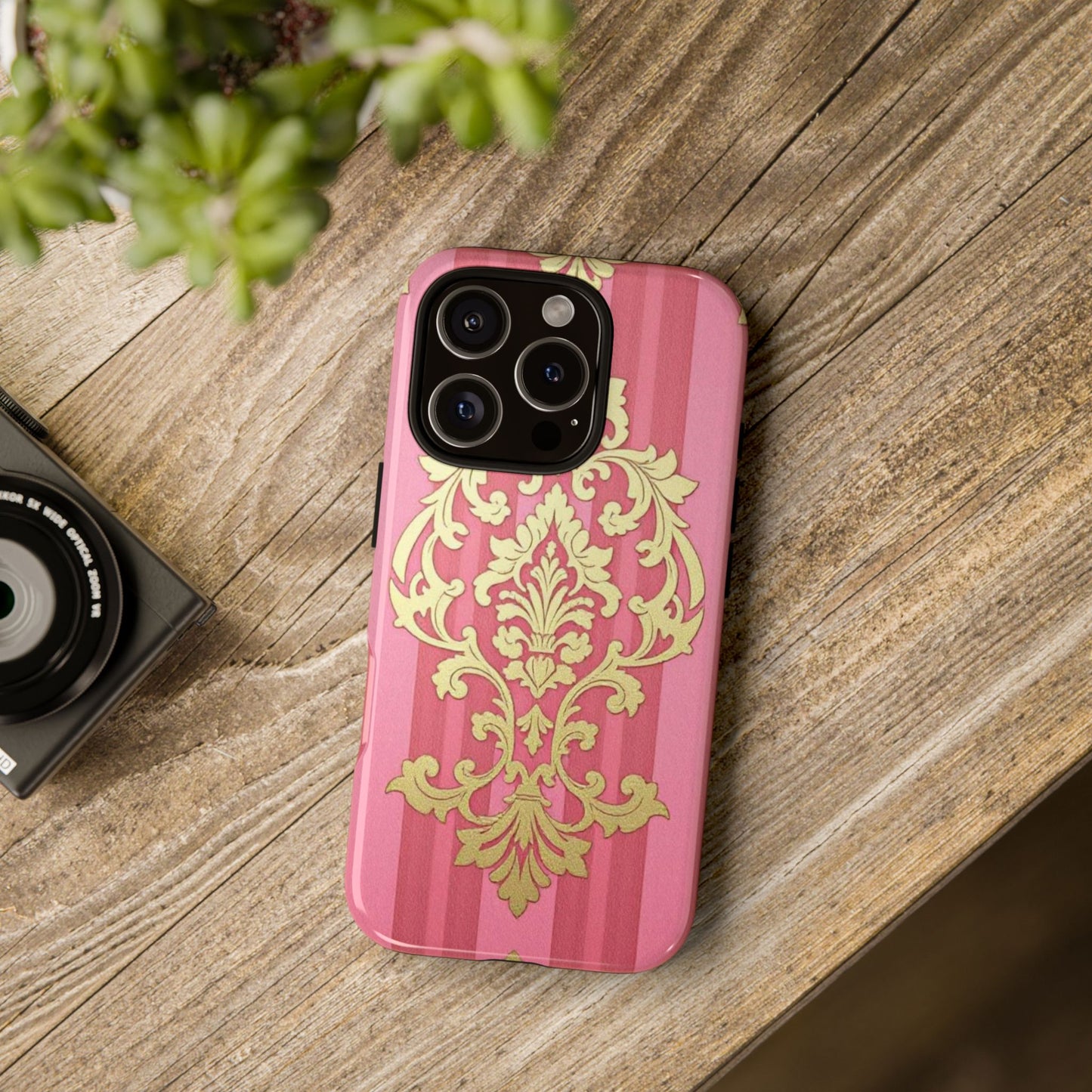 Elegant Floral Motif Phone Case - Tough Cases with Vintage Design - Pink Striped Damask