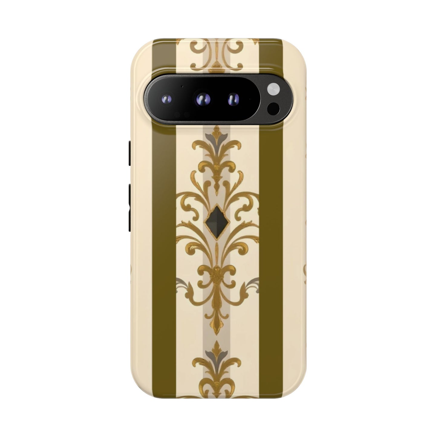 Elegant Floral Motif Phone Case - Tough Cases with Vintage Design - Olive Striped Gold Damask