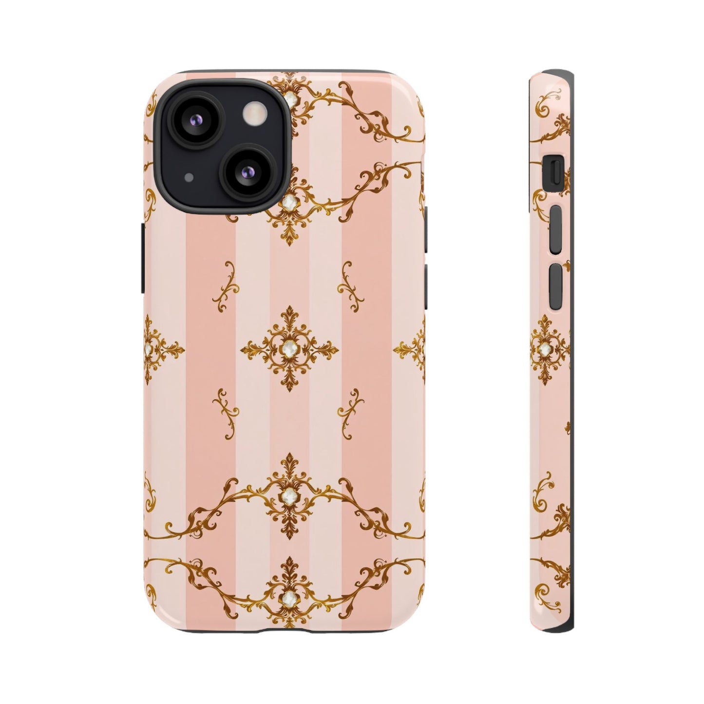 Elegant Floral Phone Case, Tough Cases for Women, Trendy Phone Cover, Chic Gift - Pink Jeweled Striped Gold Baroque