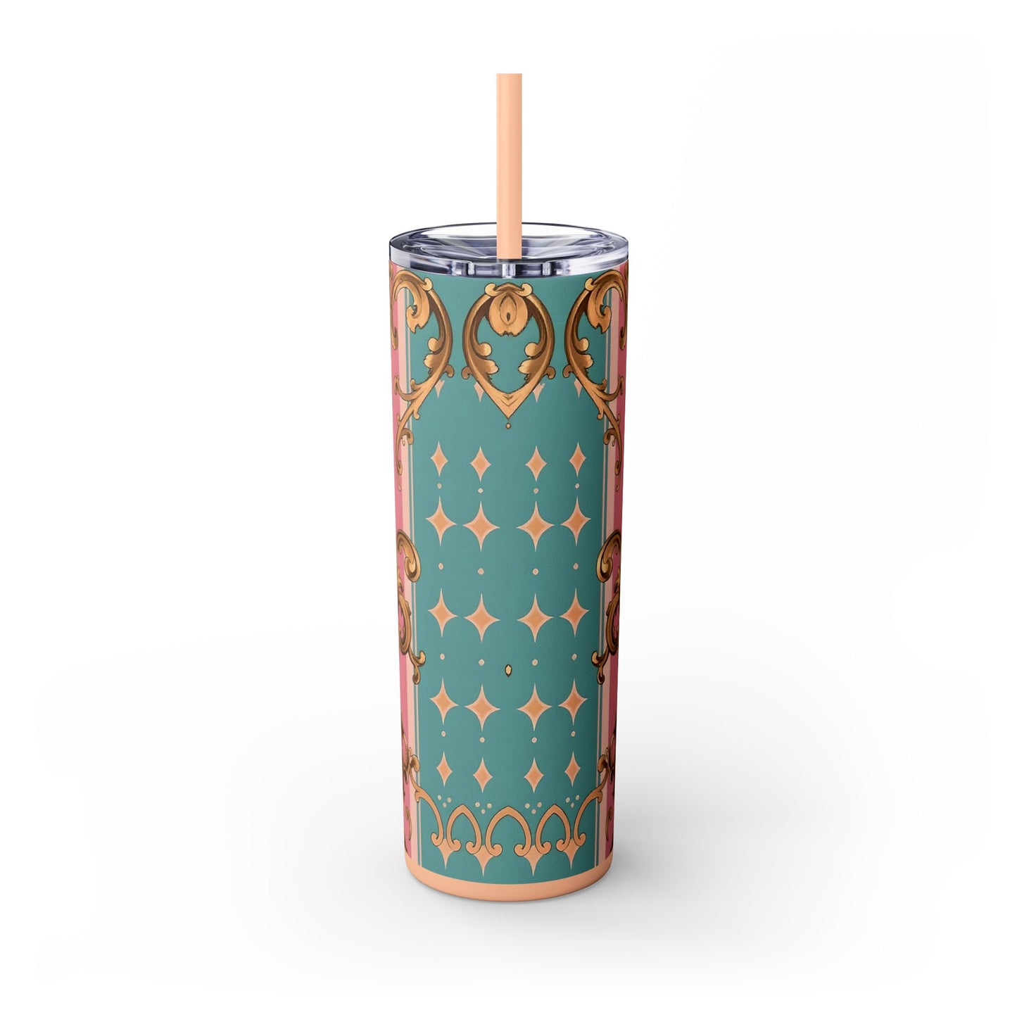 Elegant Floral Skinny Tumbler, 20oz Travel Mug, Stylish Drinkware, Perfect Gift for Her, Vintage Inspired - Pink & Matte Turquoise Striped Rococo