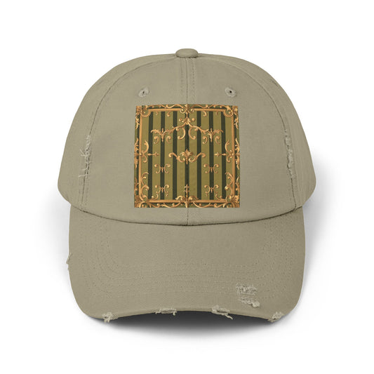 Vintage Distressed Cap with Elegant Gold Design, Fashionable Unisex Hat for Casual Outings - Olive Green Striped Rococo