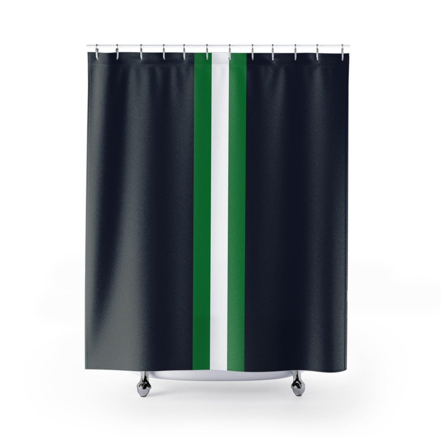 Lunar Midnight & Green-White Striped Modern Striped Shower Curtain, Chic Bathroom Decor, Fresh Stripe Design, Minimalist Home Grooming