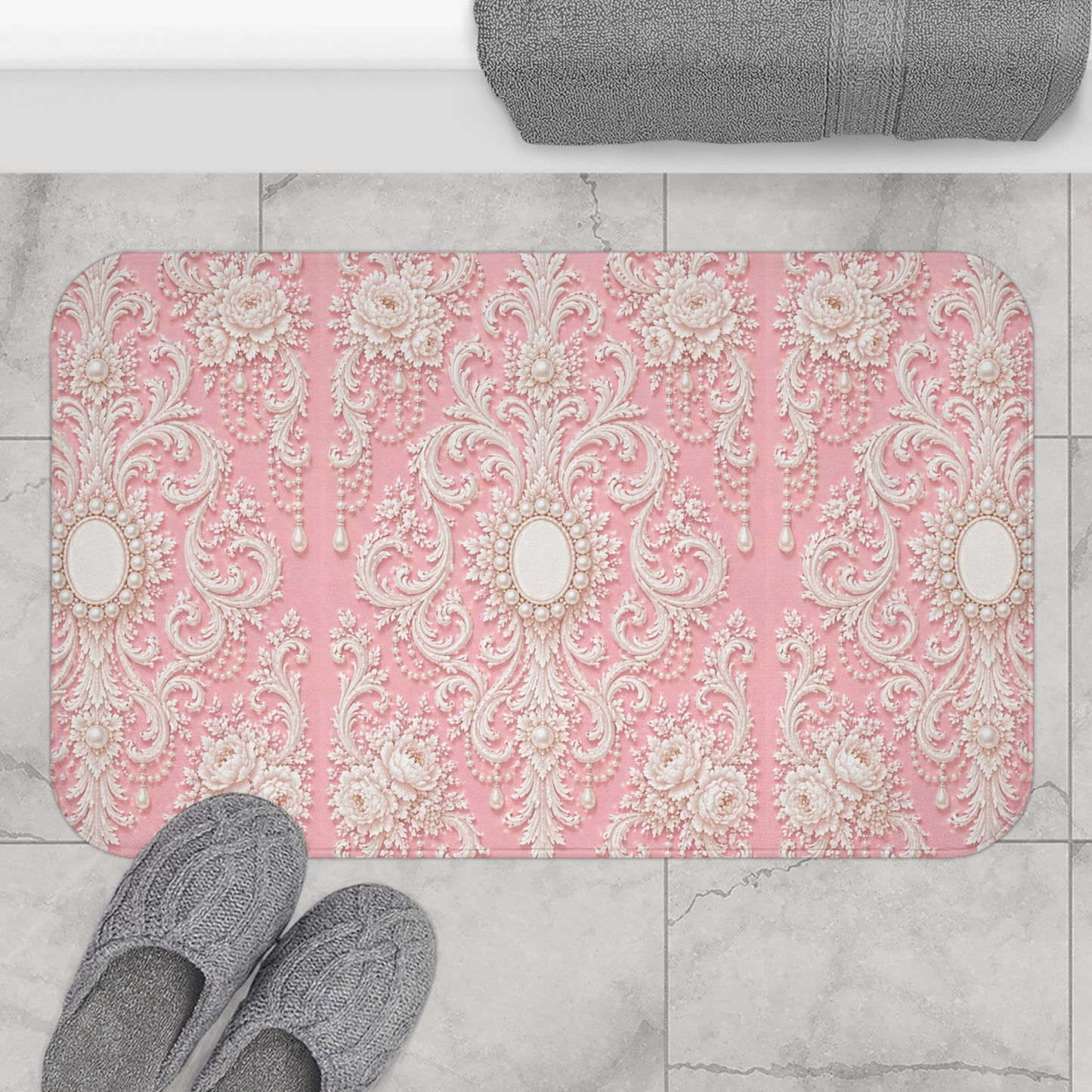 Pink Rococo Vintage Bath Mat — Elegant Floral Bathroom Rug
