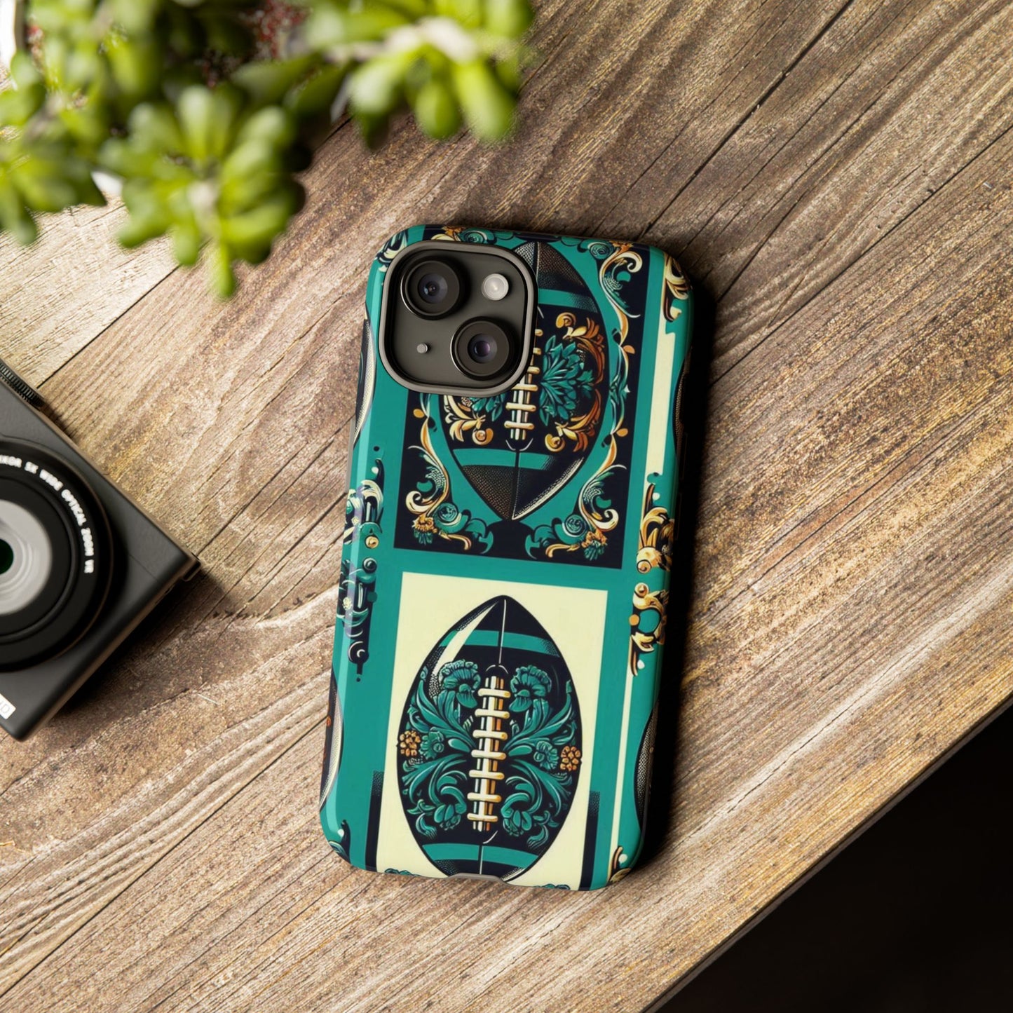 Elegant Floral Motif Phone Case - Tough Cases with Vintage Design -  Damask Teal, Gold & Black Footballs