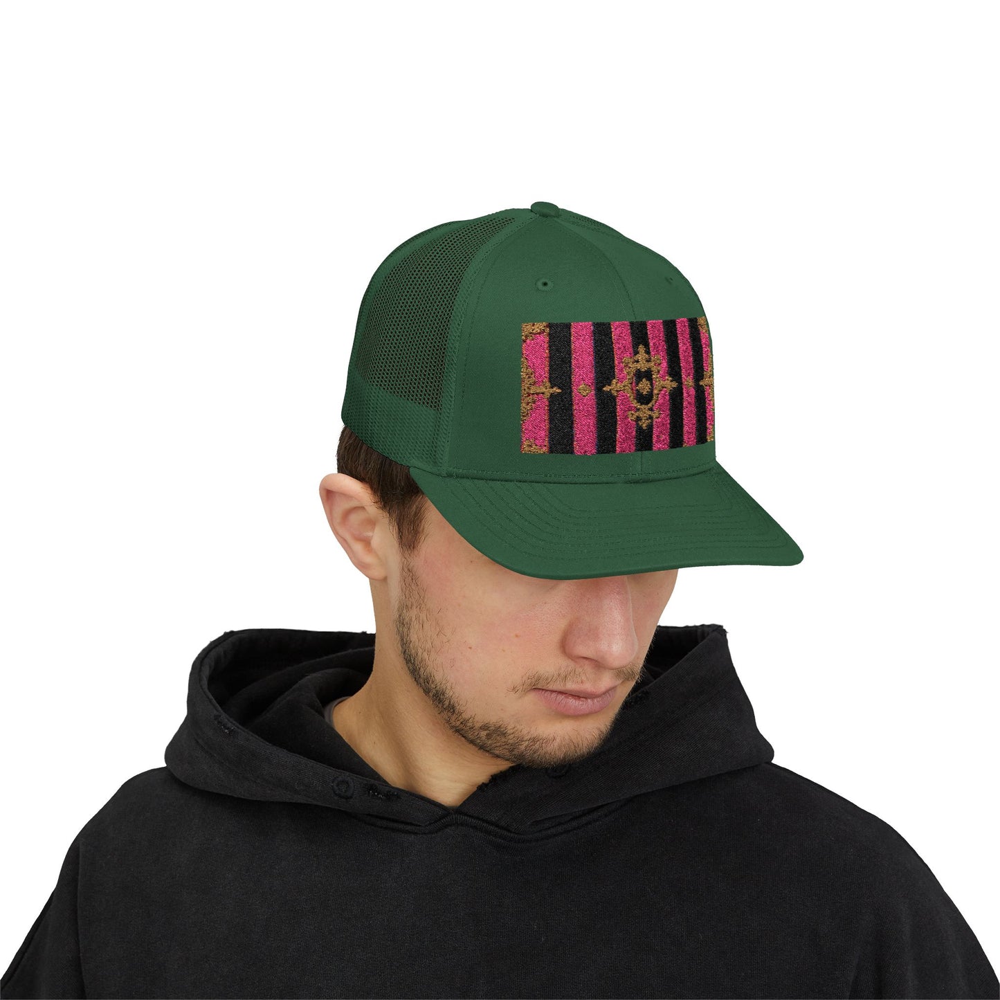Stylish Snapback Trucker Cap with Black & Mauve Striped Gold Baroque, Trendy Fashion Hat, Perfect Gift for Him/Her