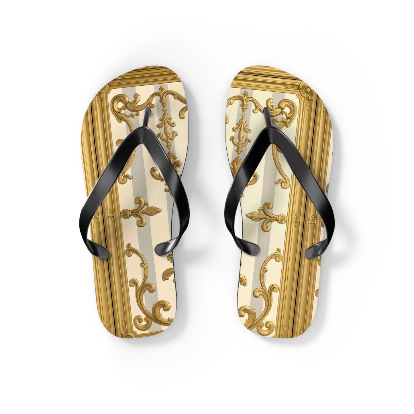 Chic Decorative Flip Flops for Beach, Summer Vibes, Vacation Footwear, Luxury Poolside Slippers - Matte Gray & Cream Striped Gold Baroque
