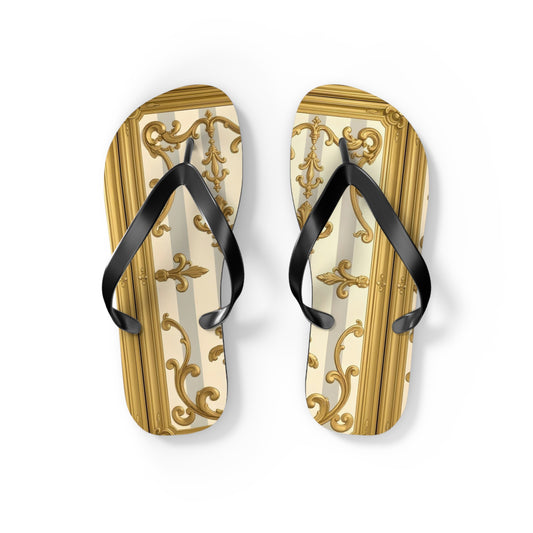 Chic Decorative Flip Flops for Beach, Summer Vibes, Vacation Footwear, Luxury Poolside Slippers - Matte Gray & Cream Striped Gold Baroque