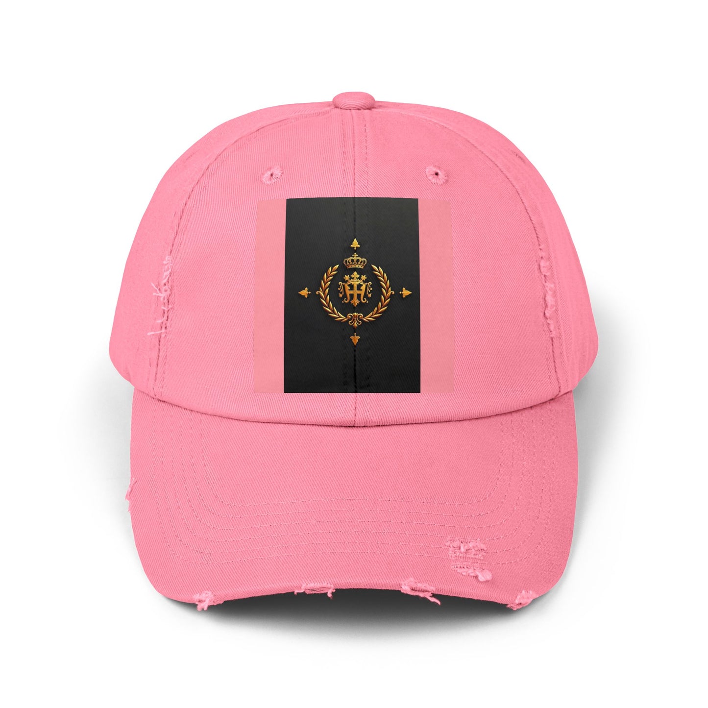 Stylish Unisex Distressed Cap with Trendy Design, Casual Accessories for Everyday Wear, Fashion Statement Cap - Pink Striped Gold Crest