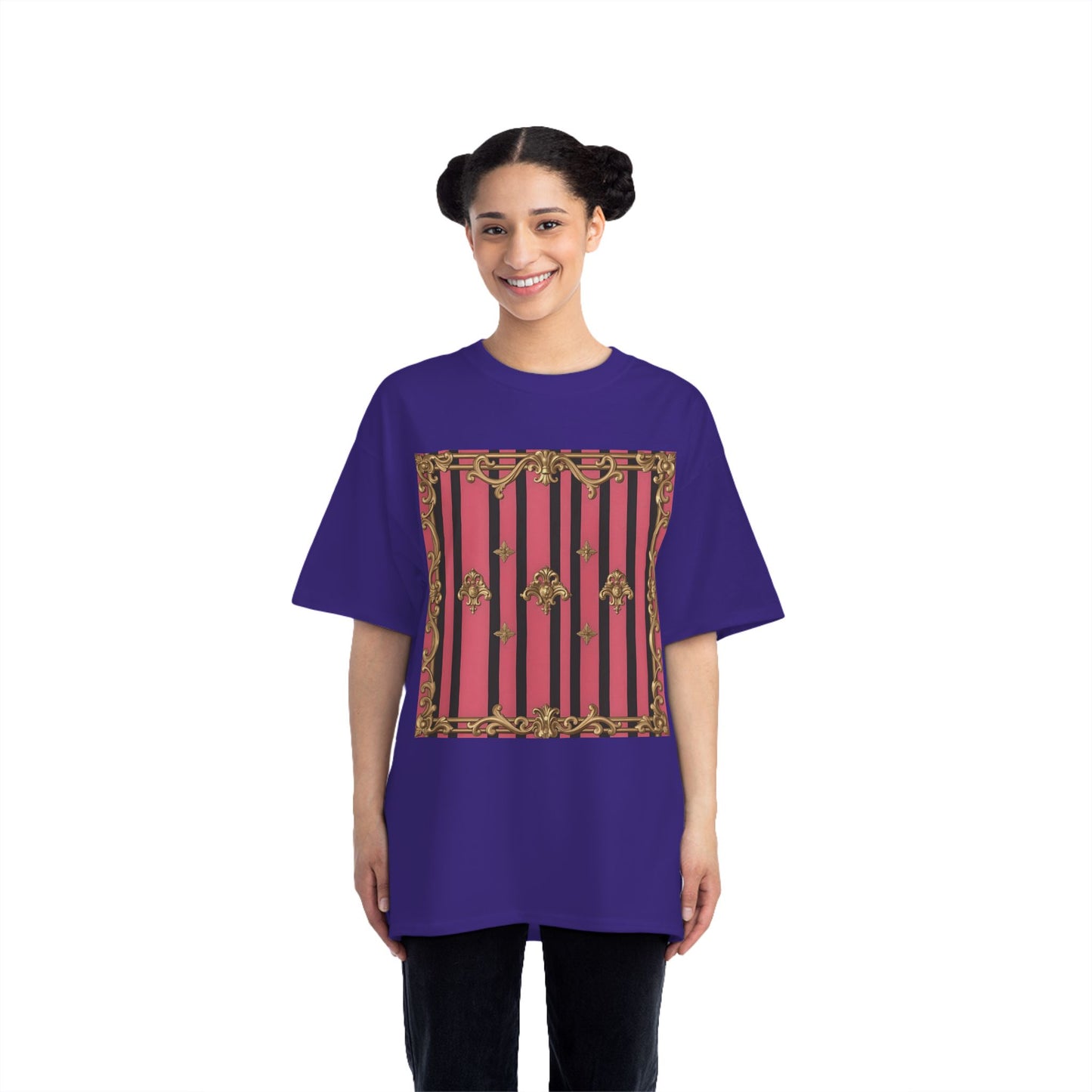 Elegant Baroque Short-Sleeve T-Shirt - Artistic Fashion, Graphics Tee, Unique Gift, Stylish Apparel, Casual Wear - Pink Striped Gold Rococo