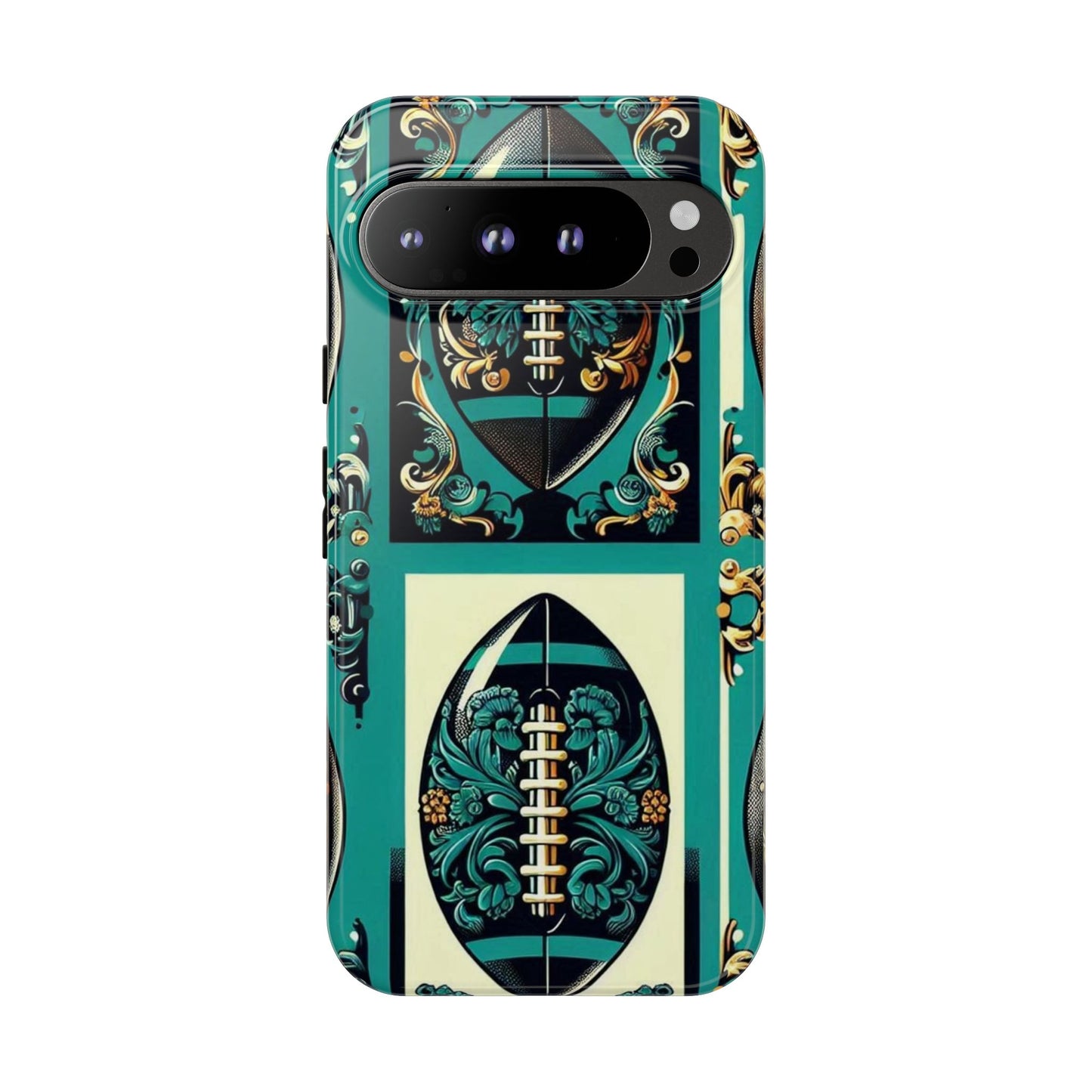 Elegant Floral Motif Phone Case - Tough Cases with Vintage Design -  Damask Teal, Gold & Black Footballs