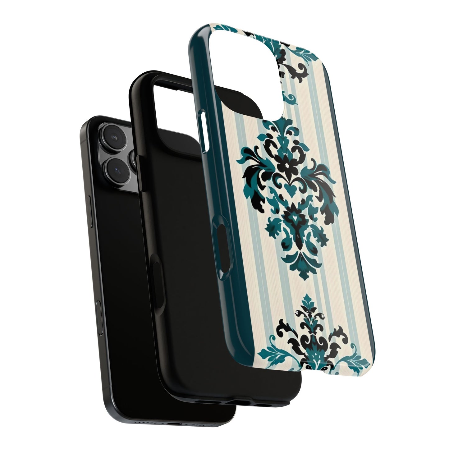 Elegant Floral Phone Case - Tough Cases with Vintage Design - Teal Striped Damask