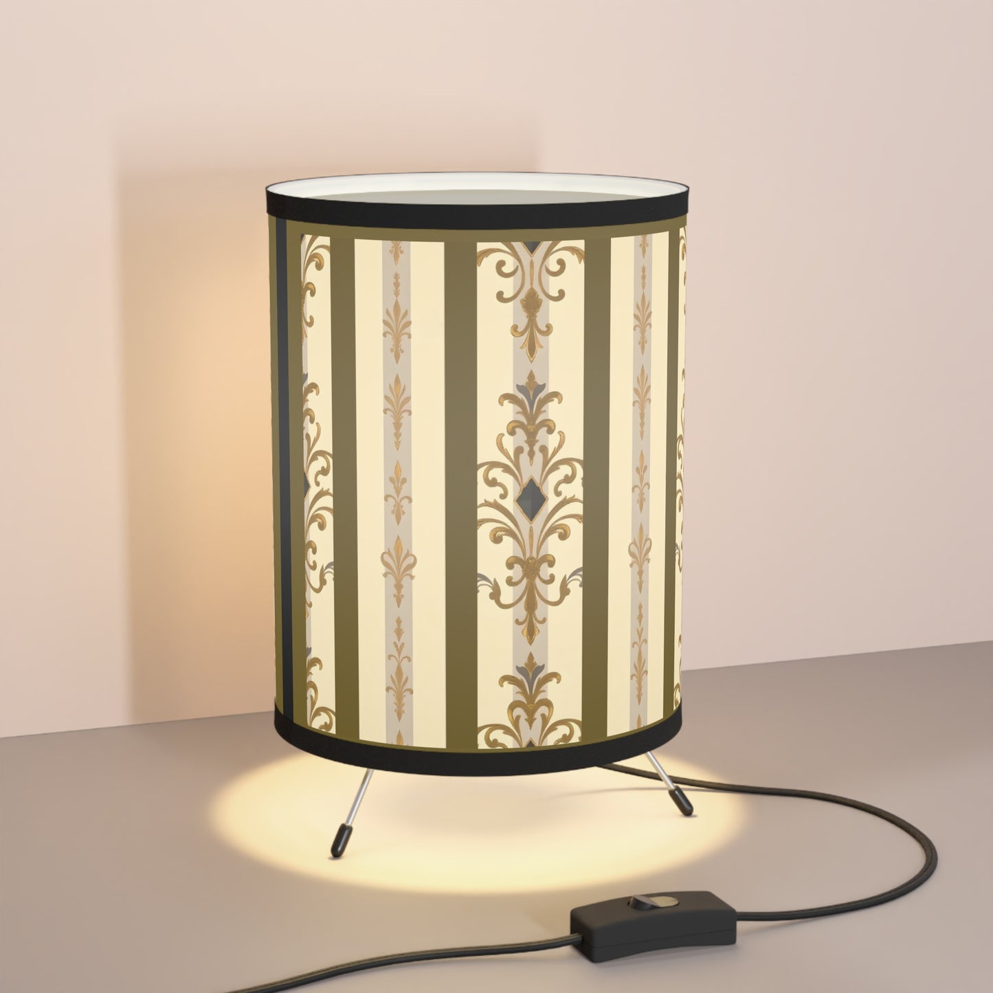 Elegant Tripod Lamp with Vintage Floral Print Shade - High-Res Home Accent - Olive Striped Gold Damask