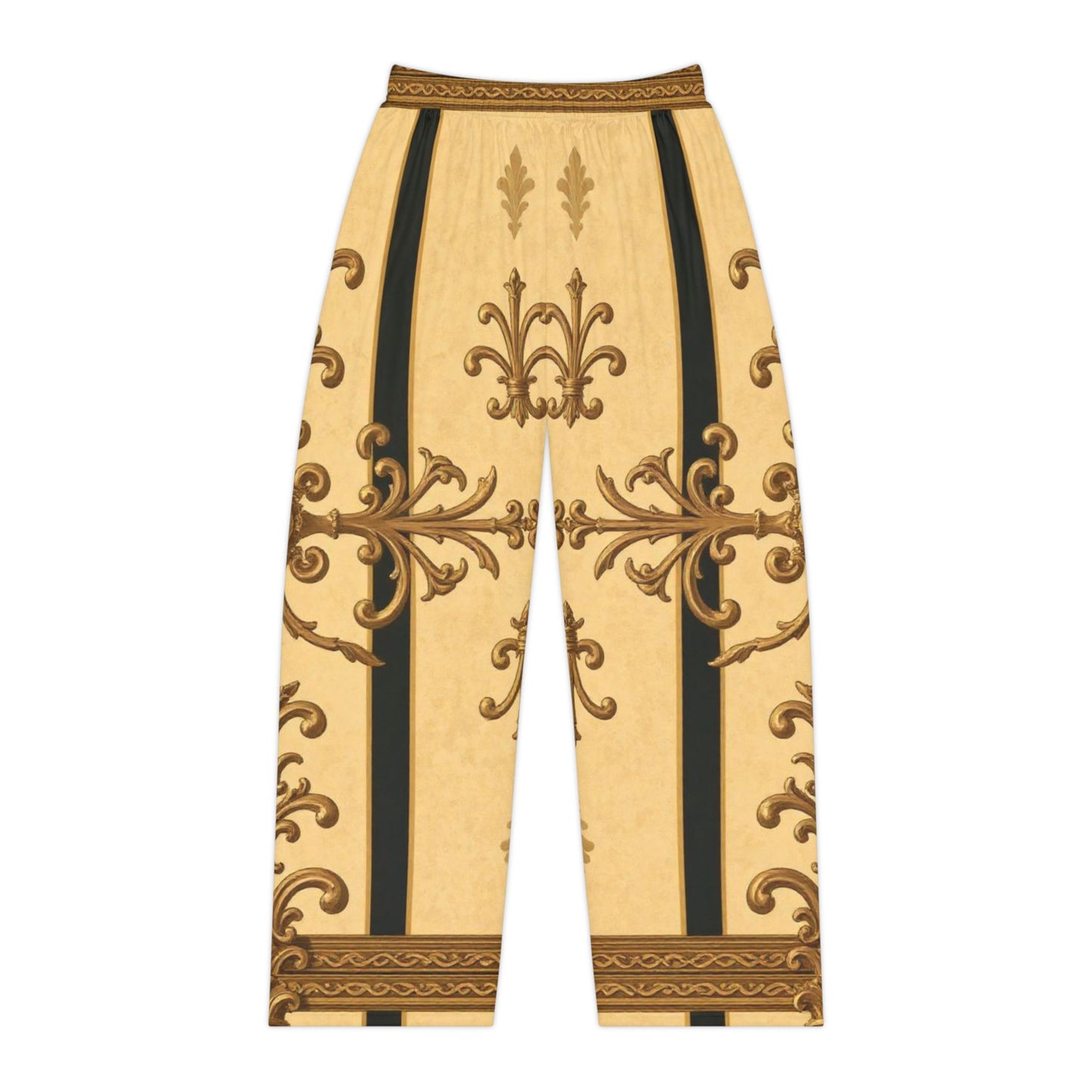 Elegant Women's Pajama Pants with Ornate Design, Soft Lounge Wear, Cozy Nightwear, Gift for Her - Matte Yellow Striped Antique Rococo