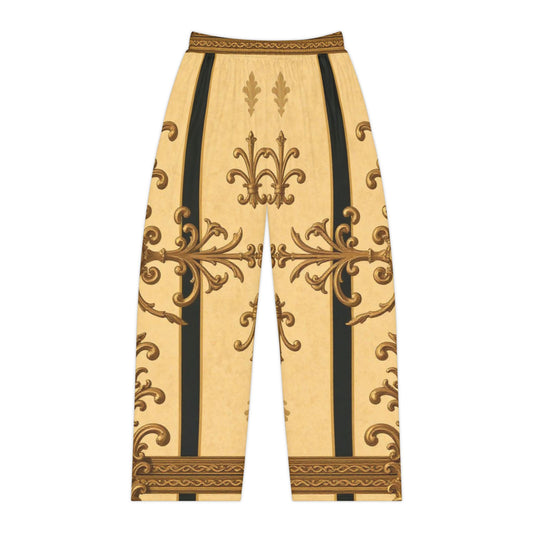 Elegant Women's Pajama Pants with Ornate Design, Soft Lounge Wear, Cozy Nightwear, Gift for Her - Matte Yellow Striped Antique Rococo