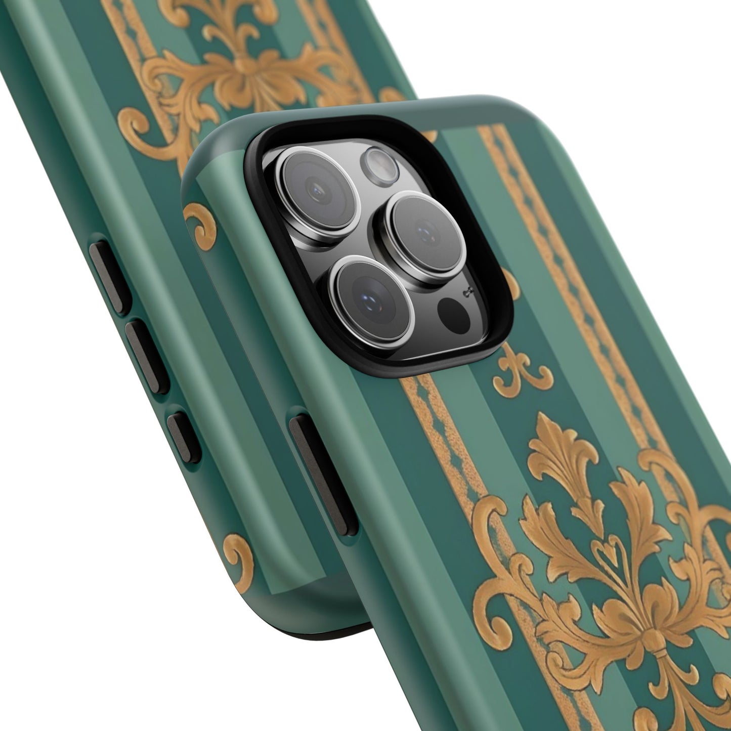 Elegant Floral Motif Phone Case - Tough Cases with Vintage Design - Teal Striped Gold Damask