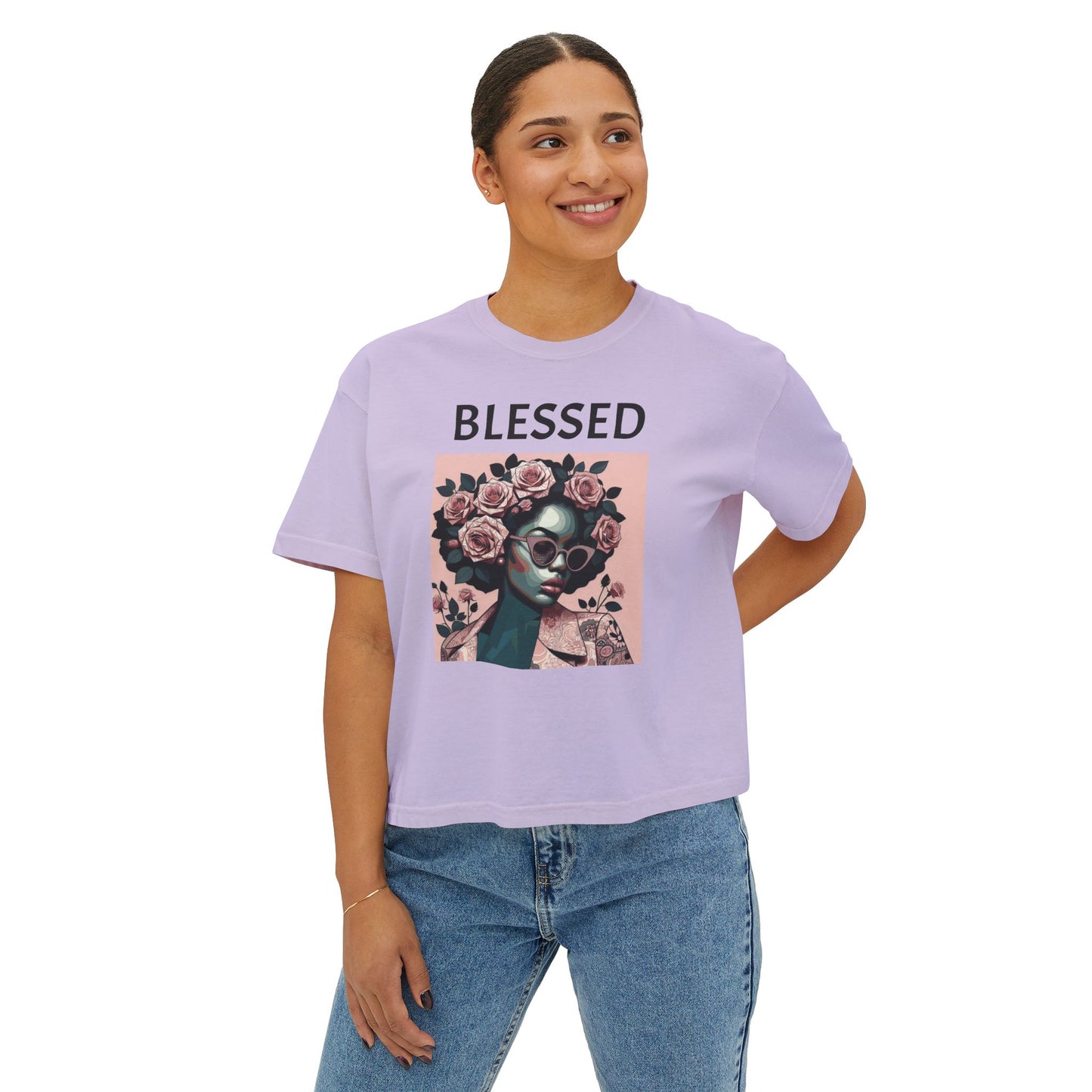 Blessed Women's Boxy Tee, Inspirational Graphic Tee, Positive Affirmation Shirt, Gift for Her, Casual Wear, Self-Love Top - Black Lettering