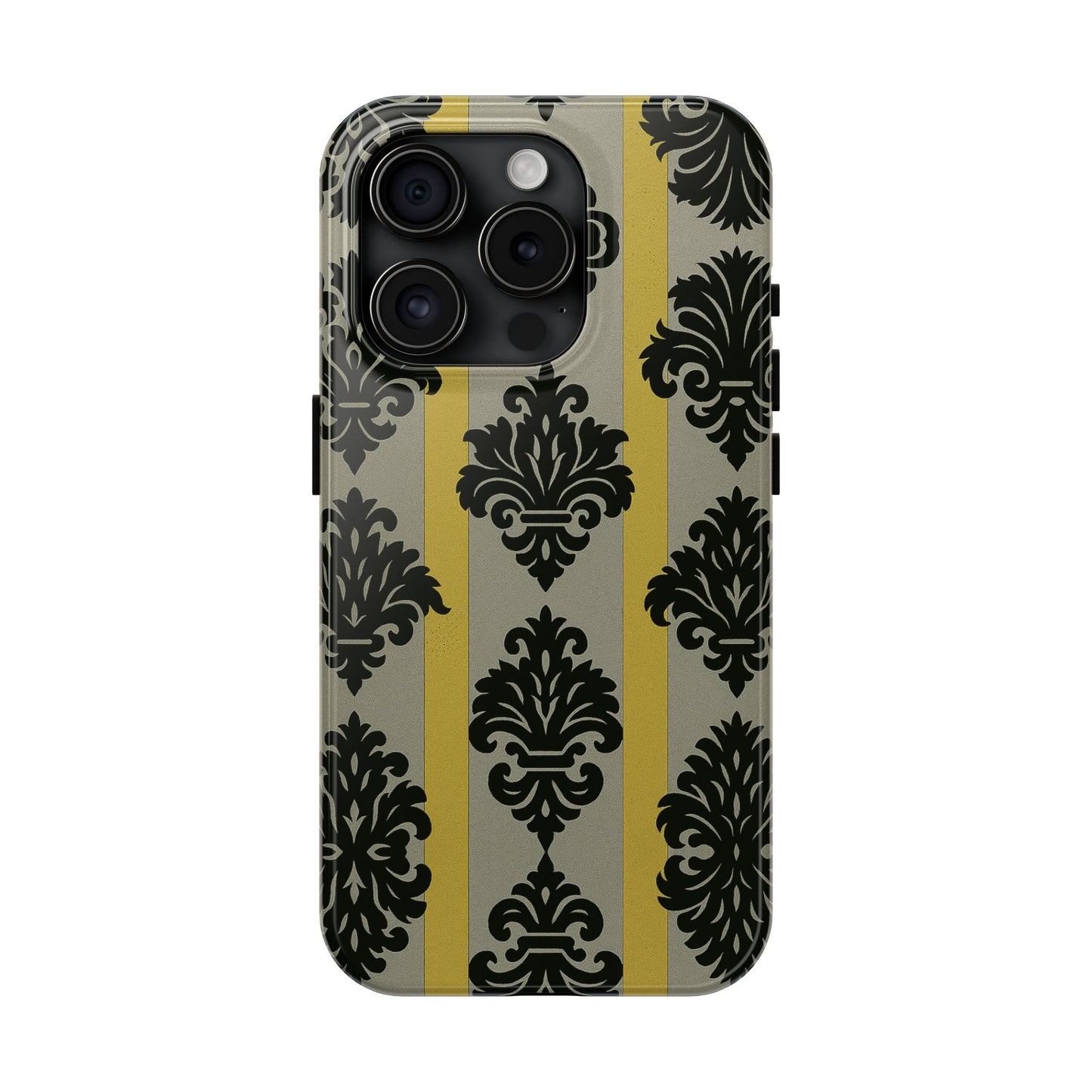 Elegant Baroque Tough Phone Cases | Chic Phone Protection | Gift for Her | Stylish Accessory | Holiday Gift Idea | Silver & Gold Striped Black Baroque