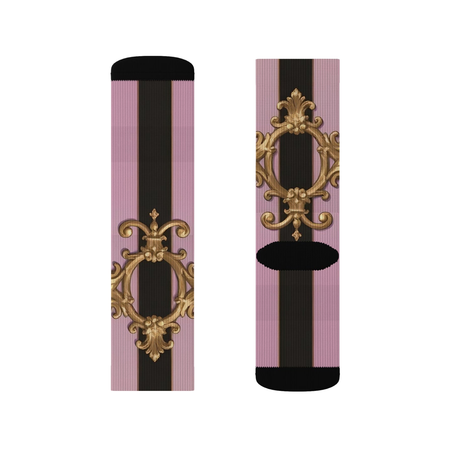 Chic Floral Sublimation Socks for Fashion Lovers, Cute Gift for Her, Trendy Footwear, Stylish Accessories - Matte Lavender & Black Striped Gold Baroque